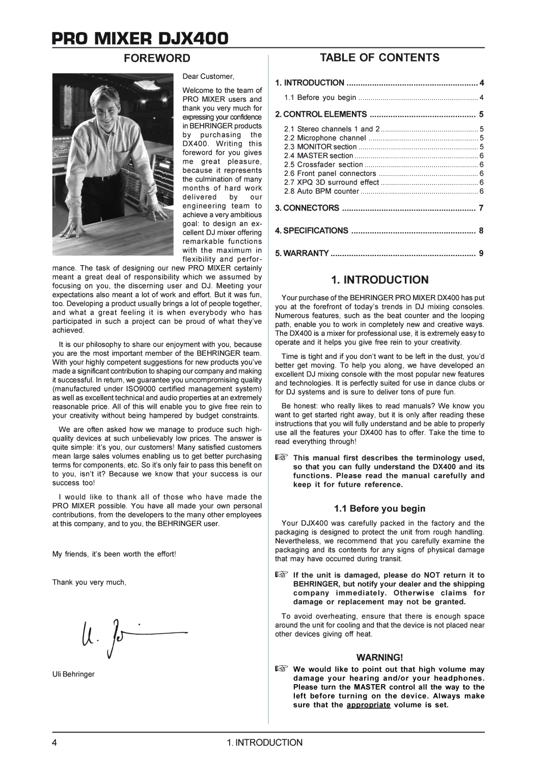 Behringer DJX400 manual Foreword, Table of Contents, Introduction 