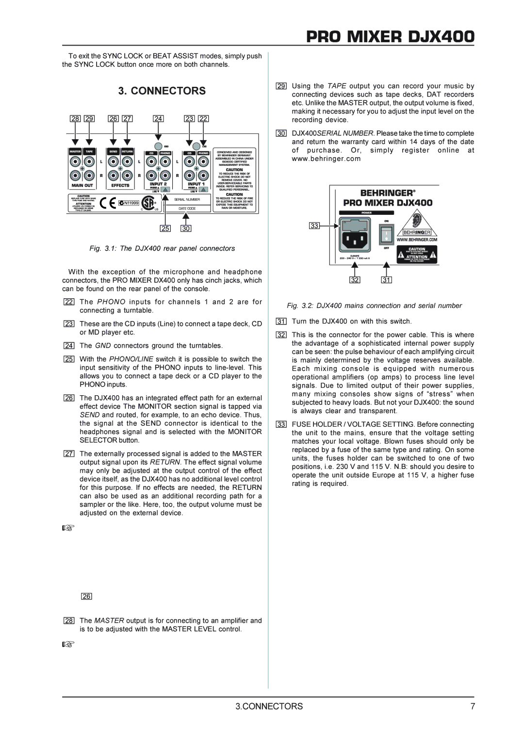 Behringer manual Connectors, DJX400 rear panel connectors 