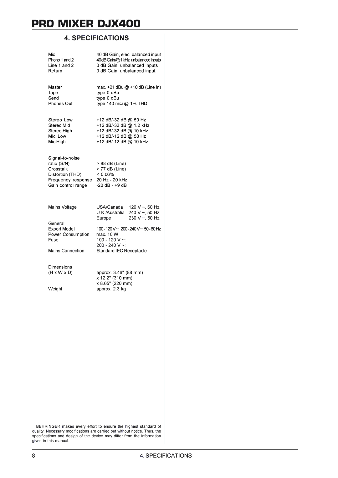 Behringer DJX400 manual Specifications 