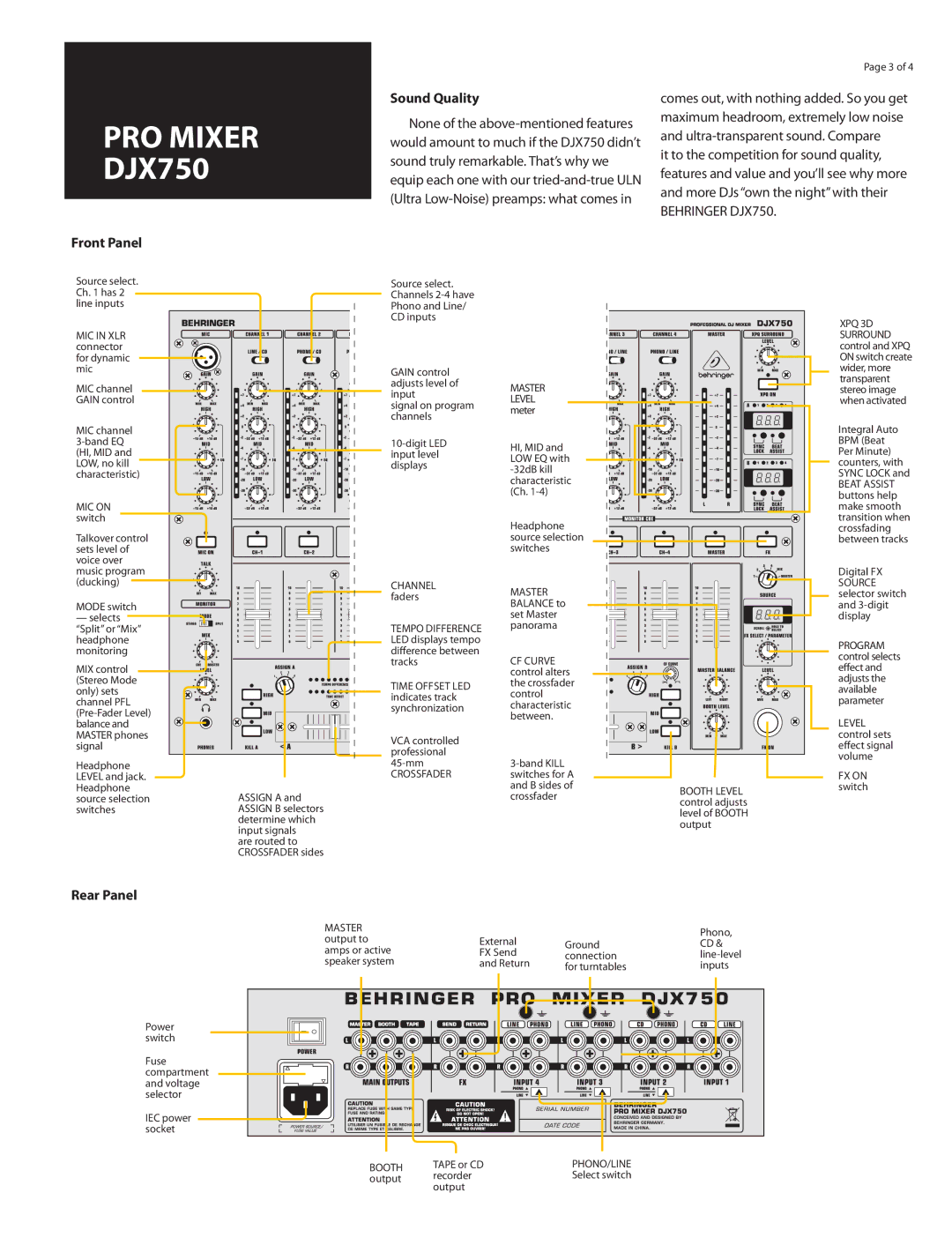 Behringer DJX750 manual Front Panel Sound Quality, Rear Panel 