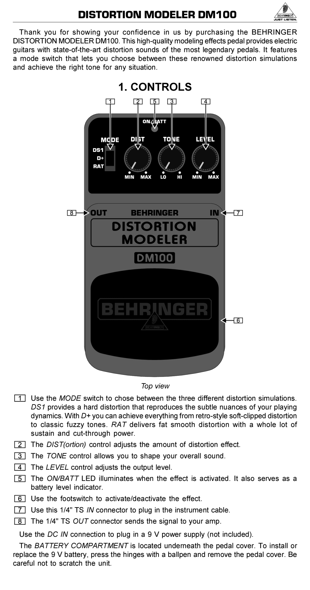 Behringer manual Distortion Modeler DM100, Controls, Top view 