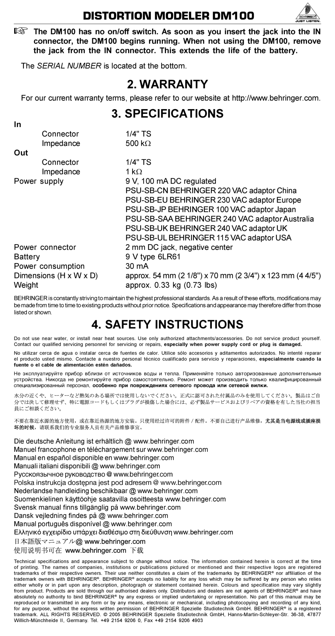 Behringer DM100 manual Warranty Specifications, Safety Instructions, Weight Approx .33 kg 0.73 lbs 