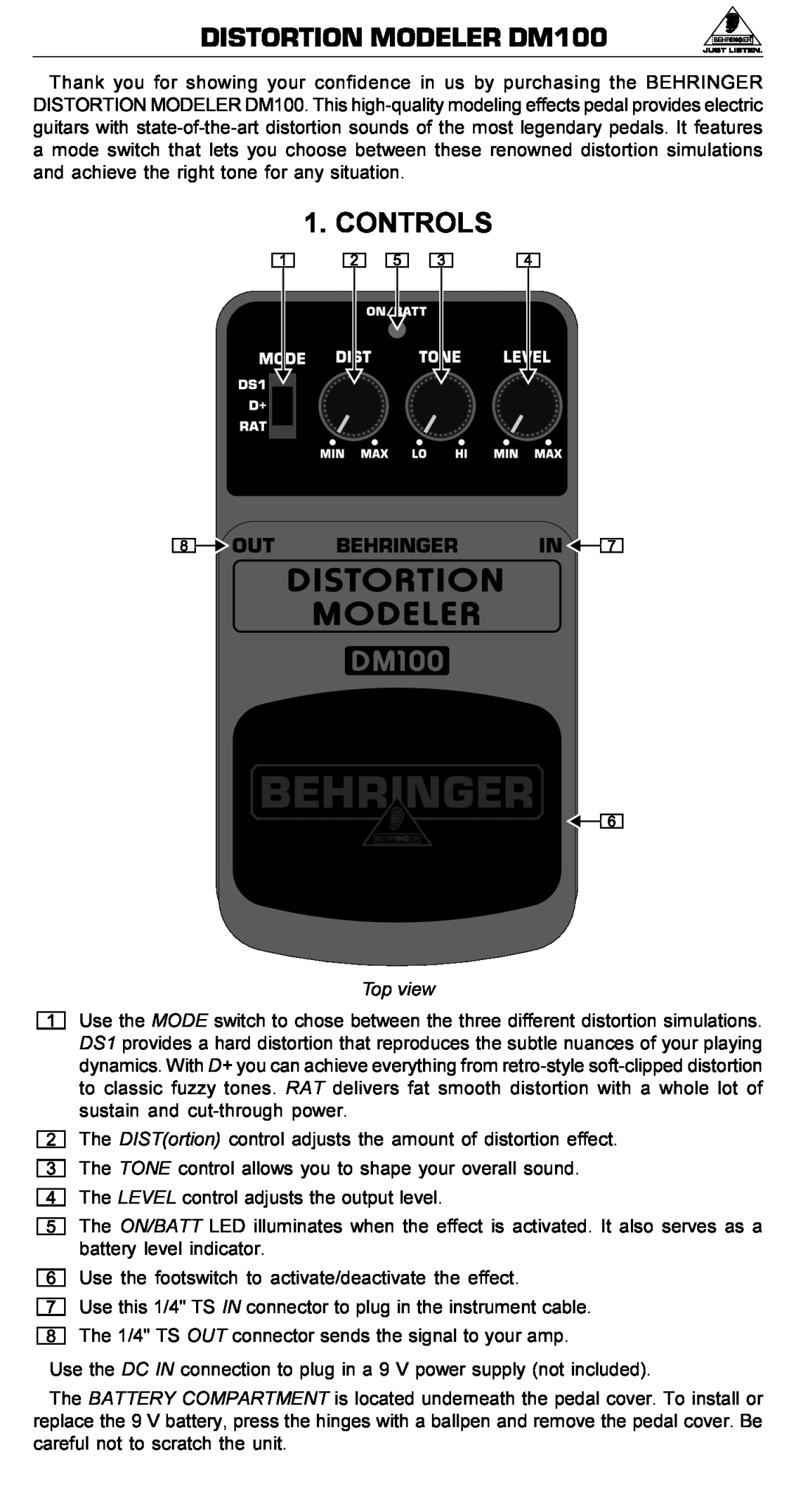 Behringer manual DISTORTION MODELER DM100, Controls, Top view 