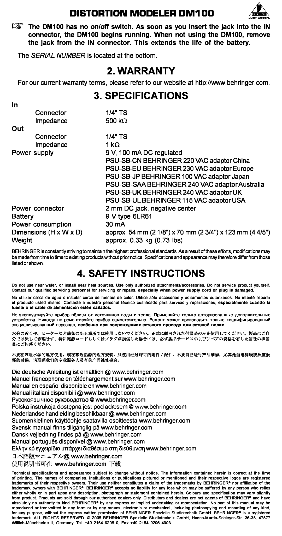 Behringer DM100 manual Warranty, Specifications, Safety Instructions, fuente o el cabledealimentaciónestén dañados 
