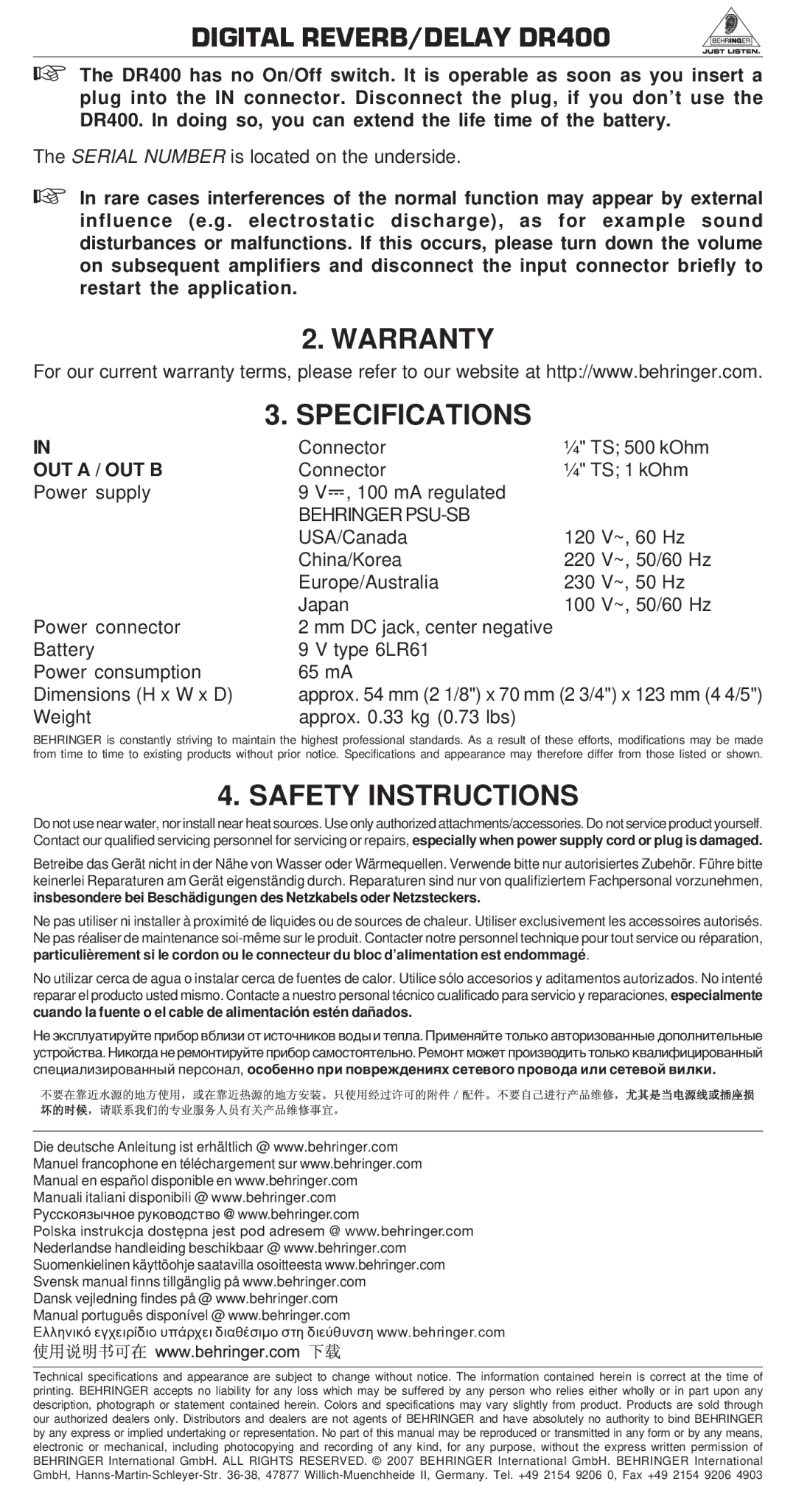 Behringer DR400 manual Warranty Specifications, Safety Instructions, OUT a / OUT B, Behringer PSU-SB 