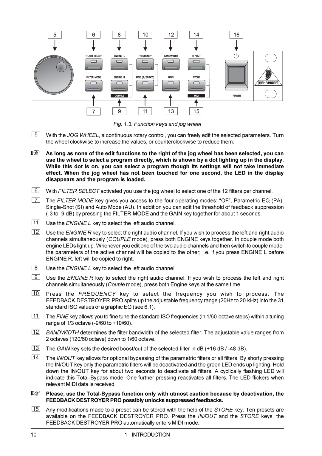 Behringer DSP1100P user manual Function keys and jog wheel 