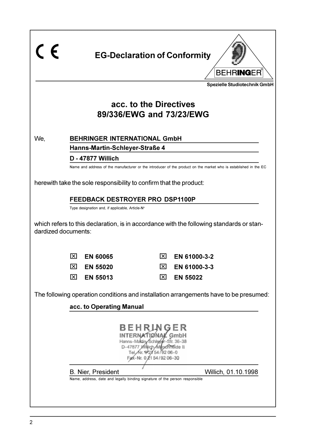 Behringer DSP1100P user manual EG-Declaration of Conformity 