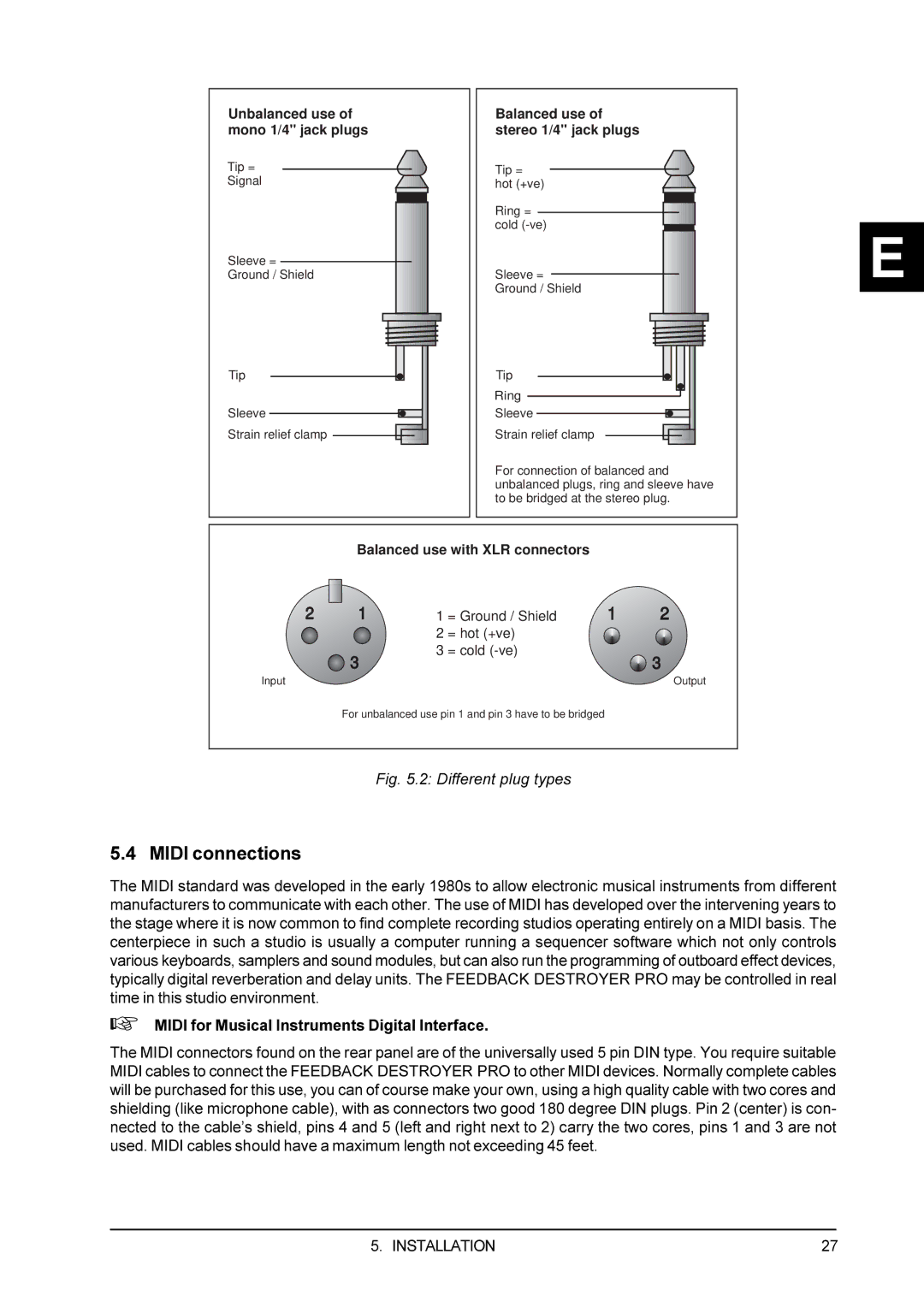 Behringer DSP1100P user manual Midi connections, Balanced use of stereo 1/4 jack plugs 