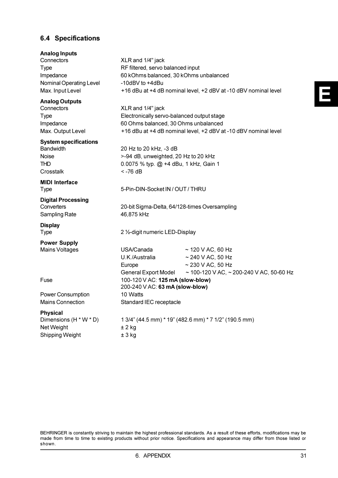 Behringer DSP1100P user manual Specifications, Thd 