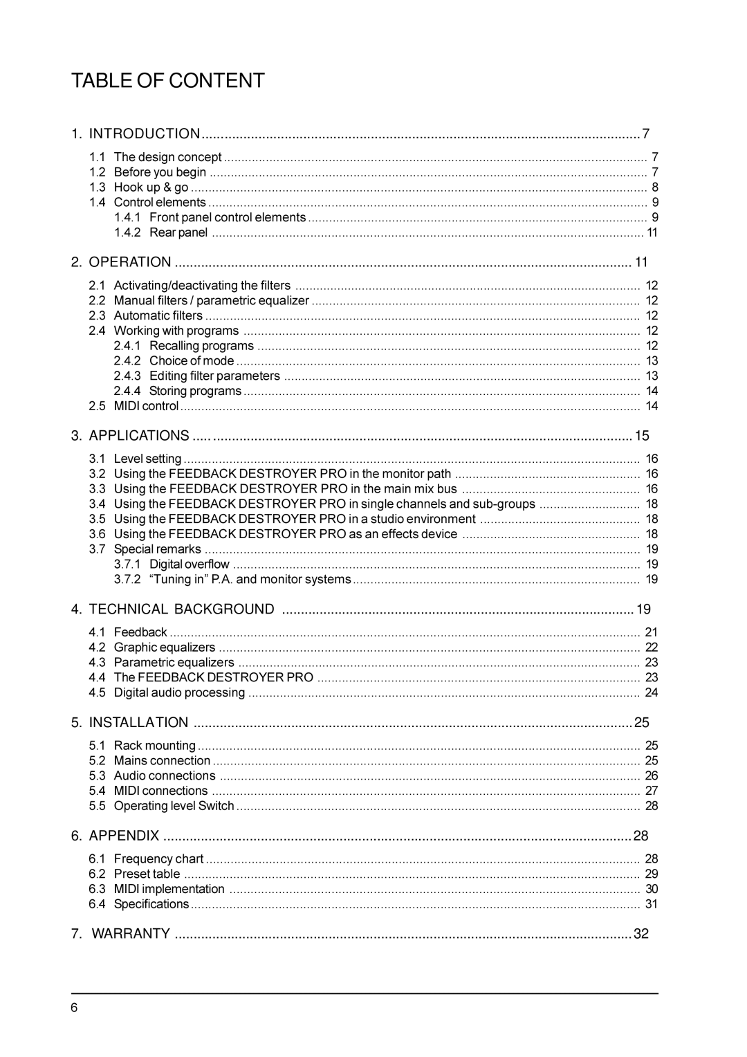 Behringer DSP1100P user manual Table of Content 