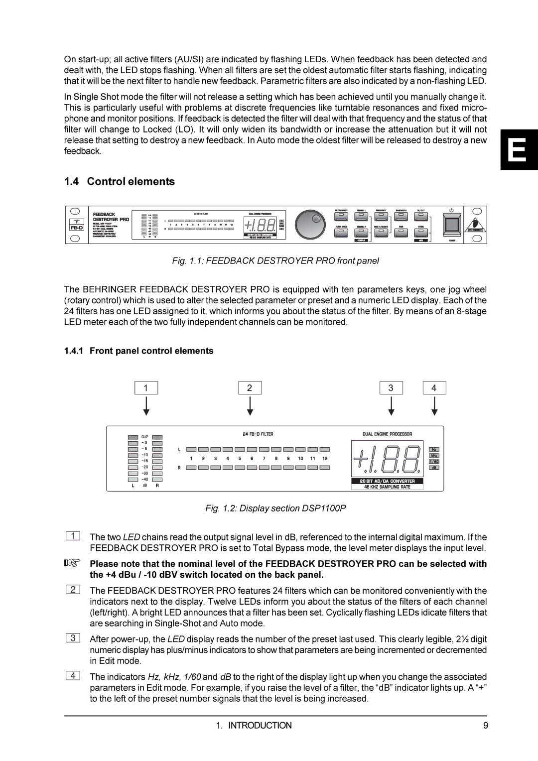 Behringer DSP1100P user manual Control elements, Feedback Destroyer PRO front panel 