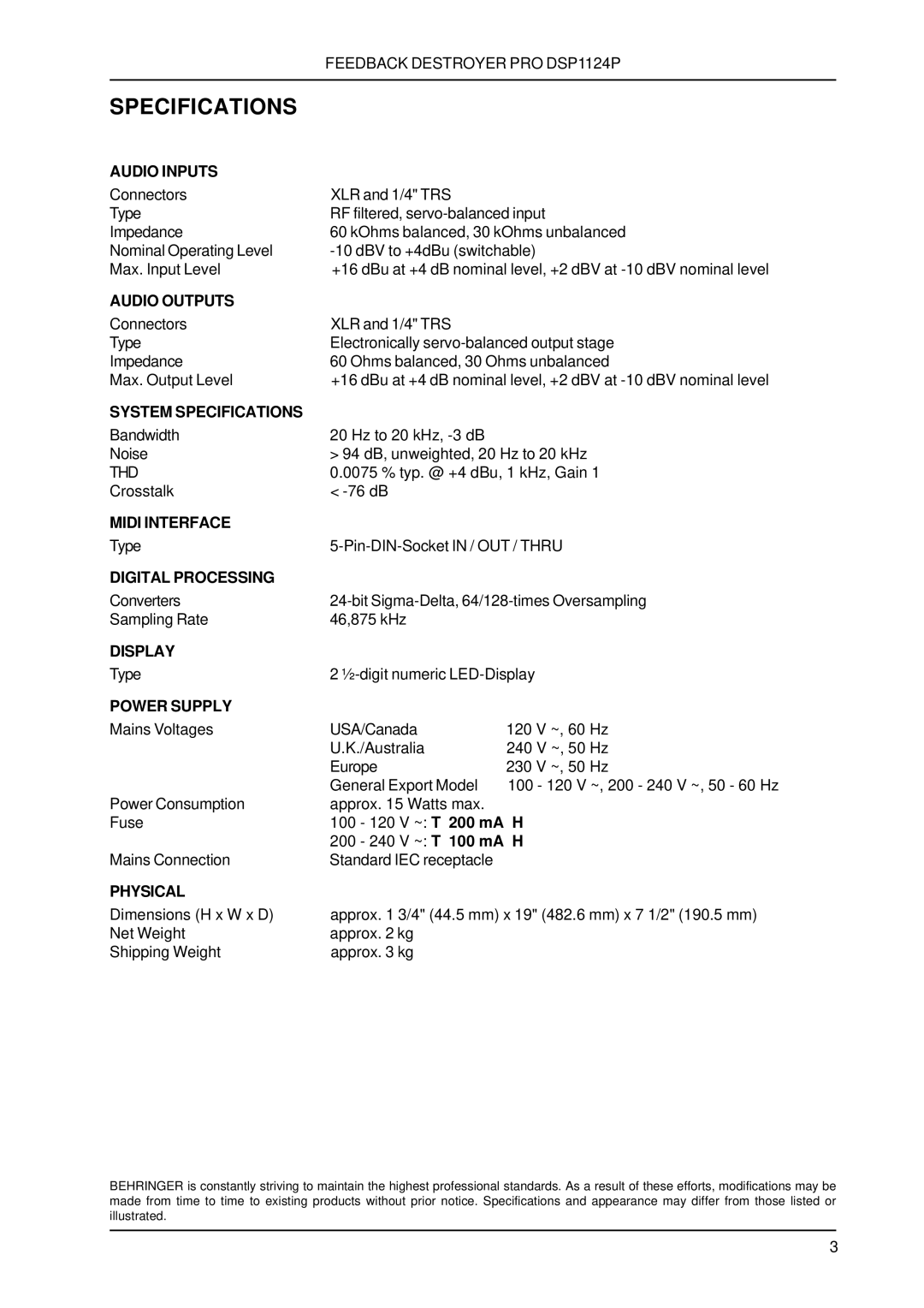 Behringer dsp1124p technical specifications Specifications 