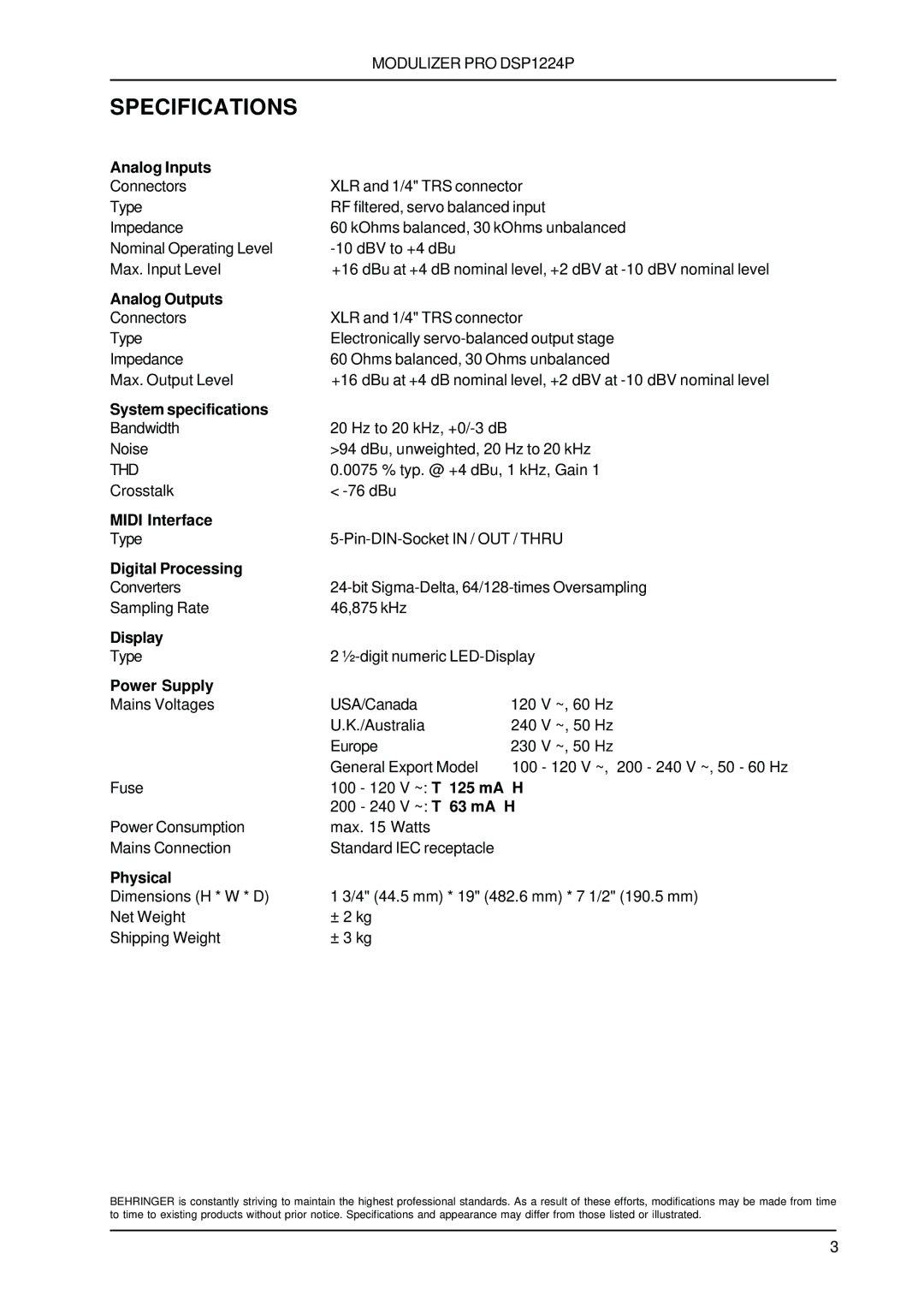 Behringer DSP1224P technical specifications Specifications 