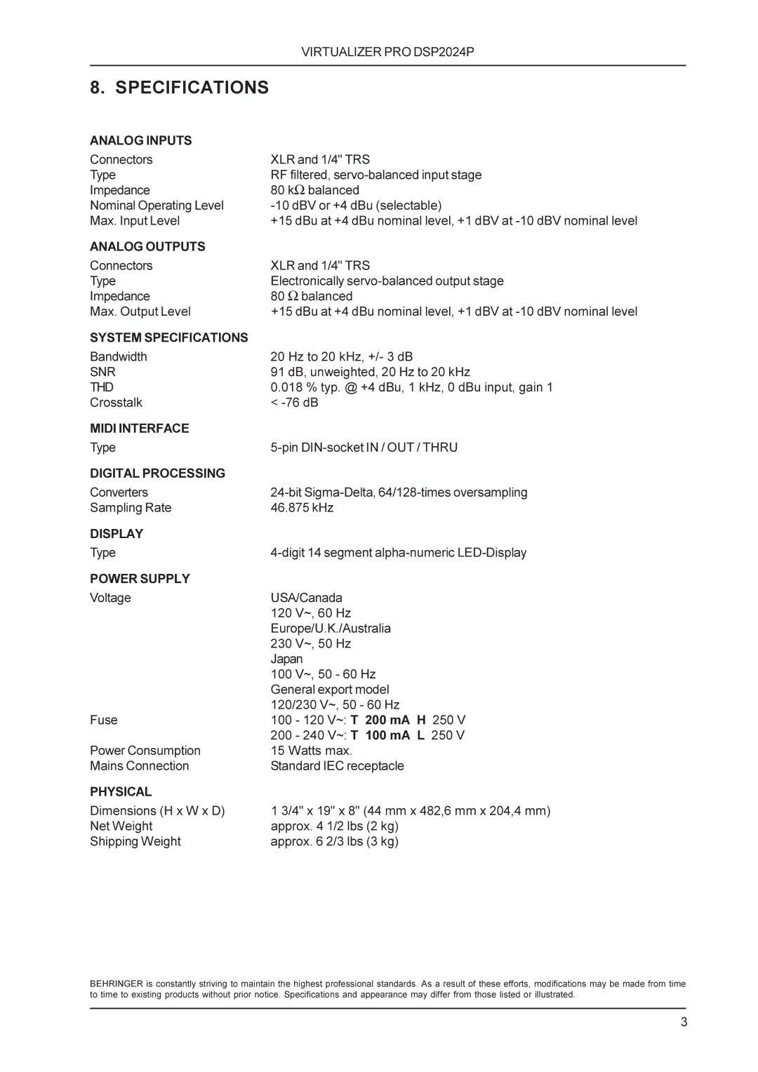 Behringer DSP2024P technical specifications Specifications 