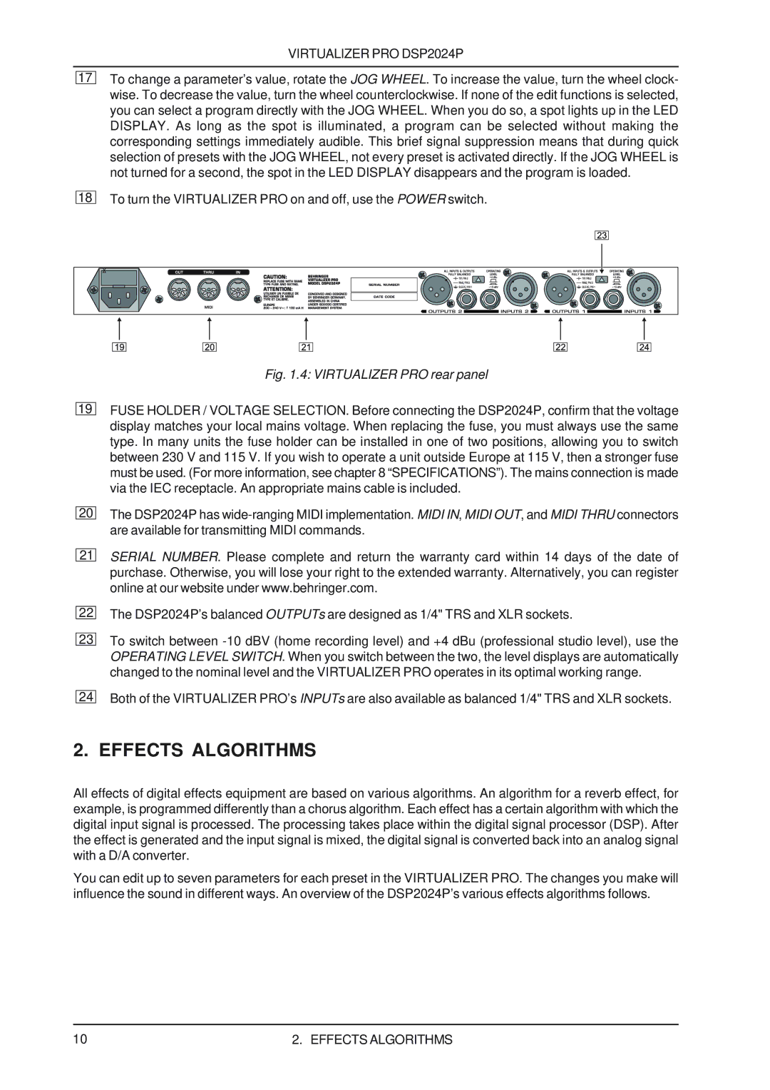 Behringer DSP2024P user manual Effects Algorithms, Virtualizer PRO rear panel 