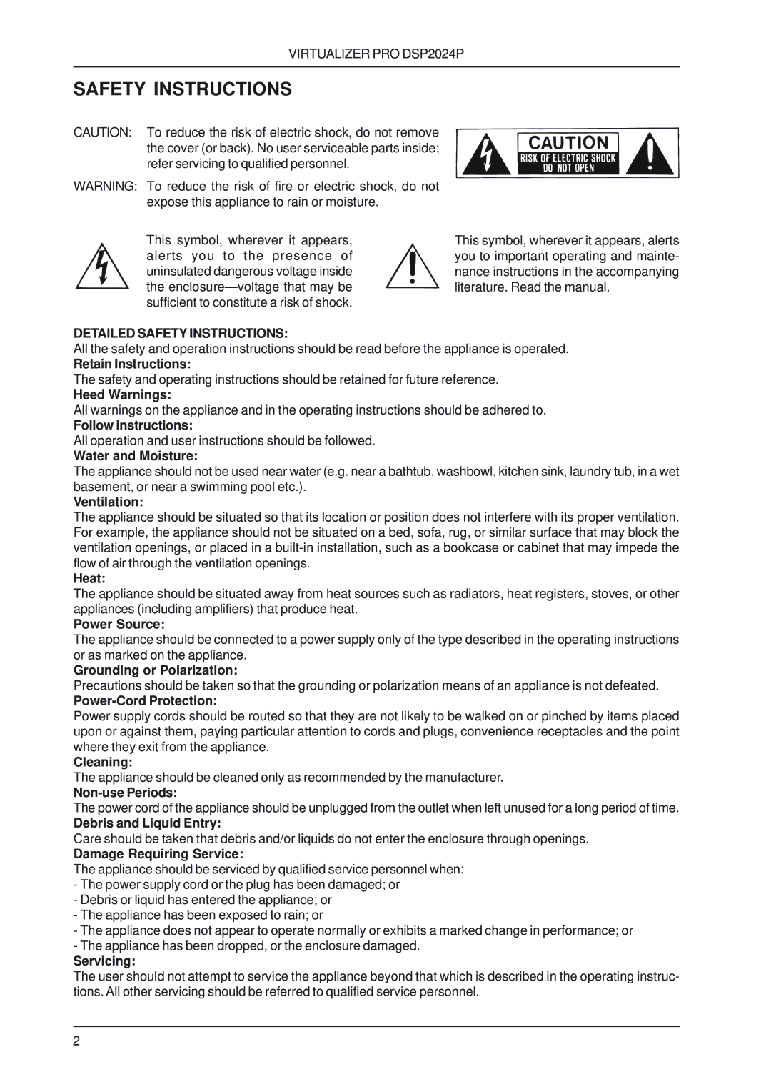 Behringer DSP2024P user manual Detailed Safety Instructions 