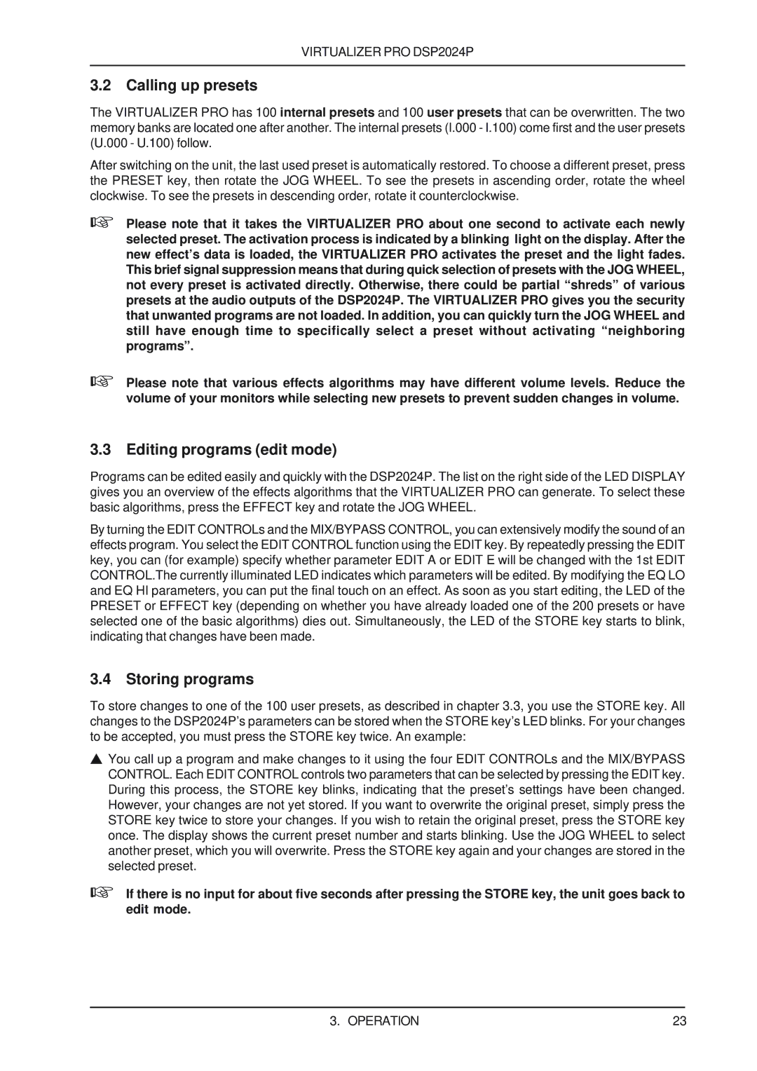 Behringer DSP2024P user manual Calling up presets, Editing programs edit mode, Storing programs 