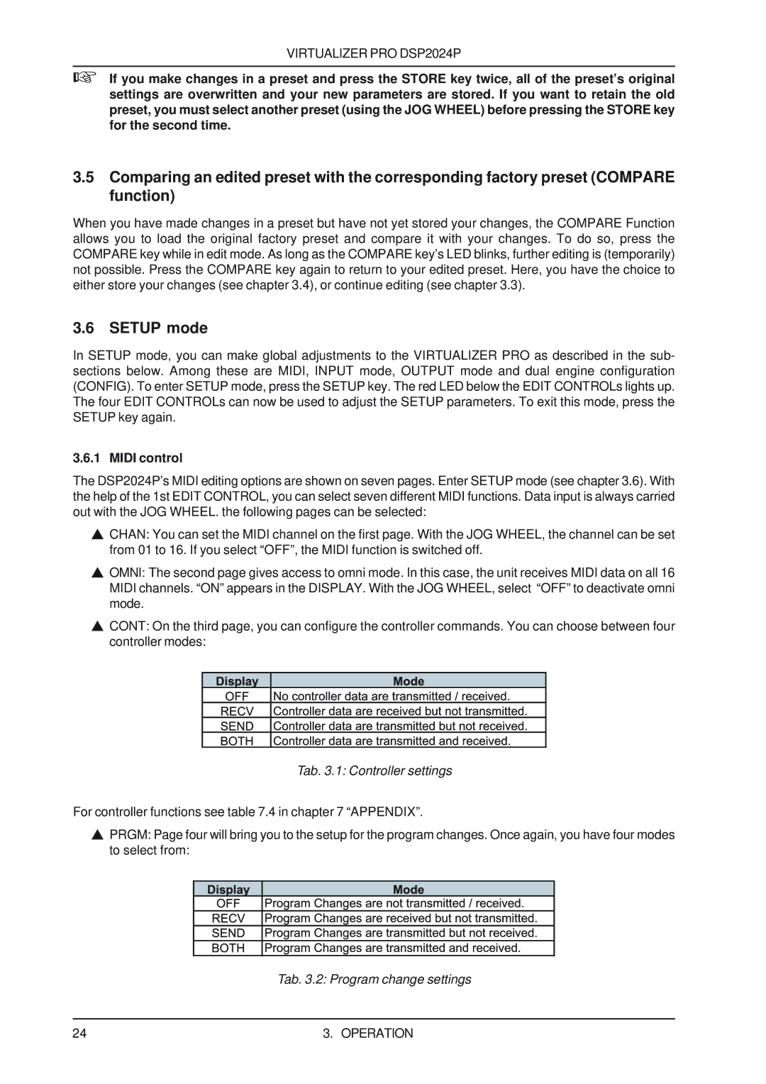 Behringer DSP2024P user manual Setup mode, Midi control 