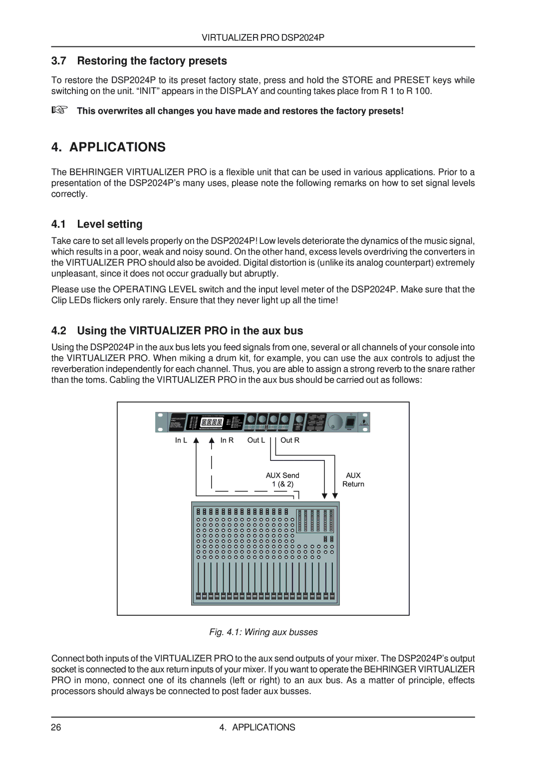 Behringer DSP2024P Applications, Restoring the factory presets, Level setting, Using the Virtualizer PRO in the aux bus 