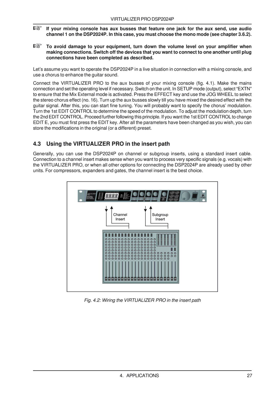 Behringer DSP2024P user manual Using the Virtualizer PRO in the insert path, Wiring the Virtualizer PRO in the insert path 