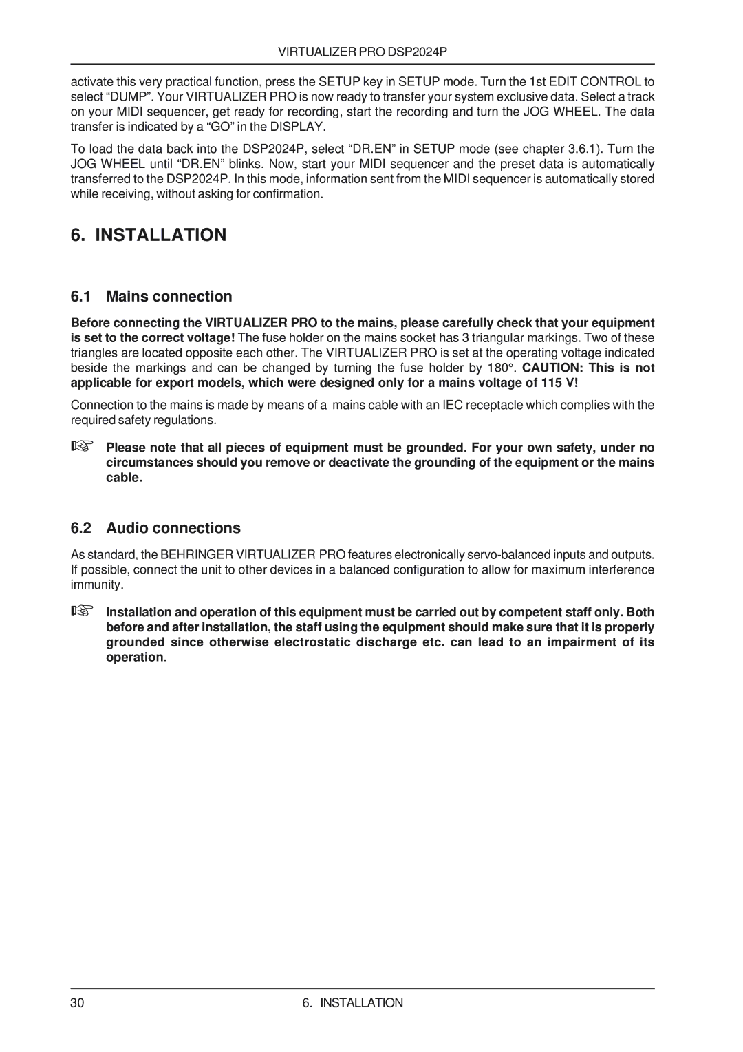 Behringer DSP2024P user manual Installation, Mains connection, Audio connections 