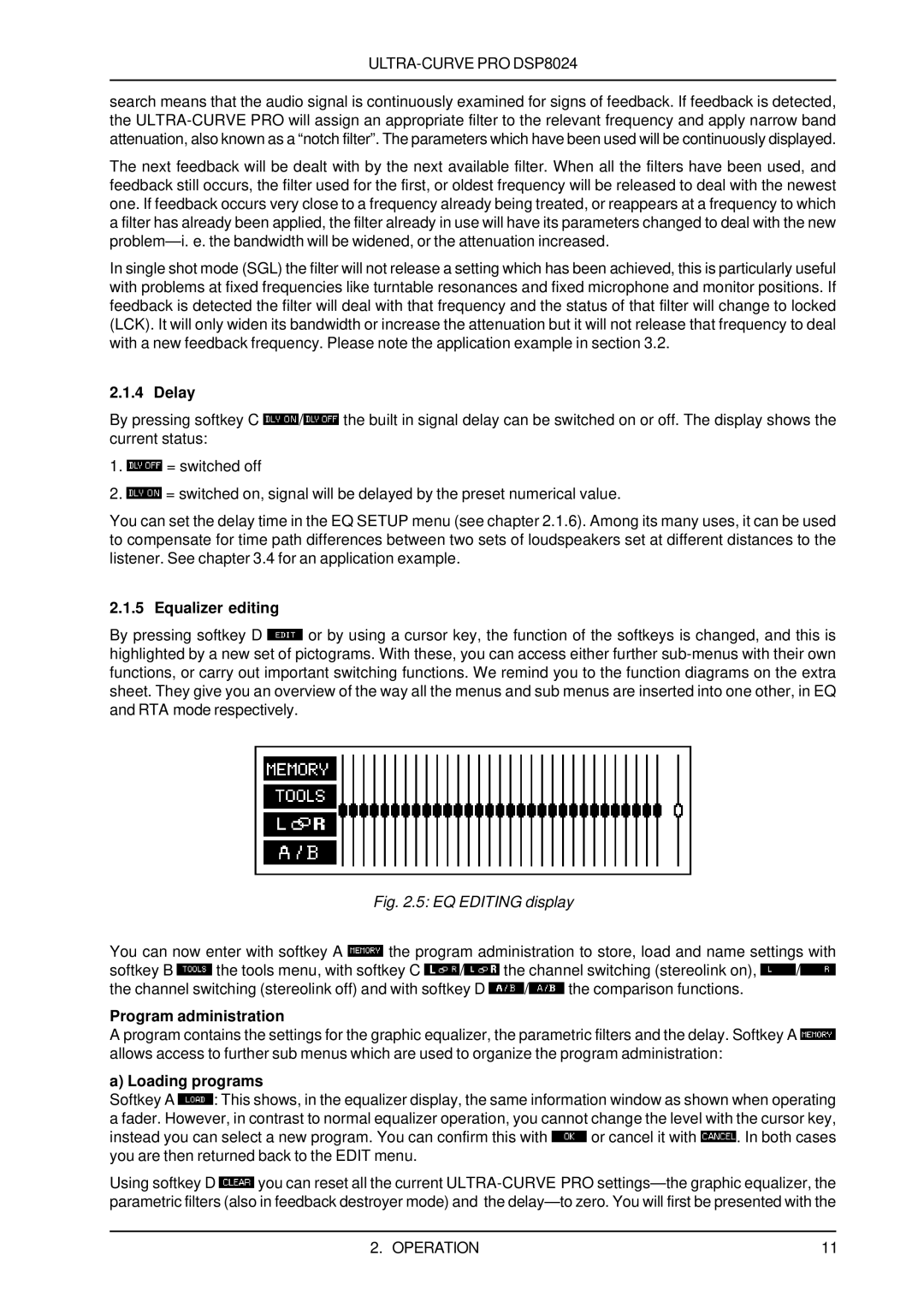 Behringer DSP8024 user manual Delay, Equalizer editing, Program administration, a Loading programs 