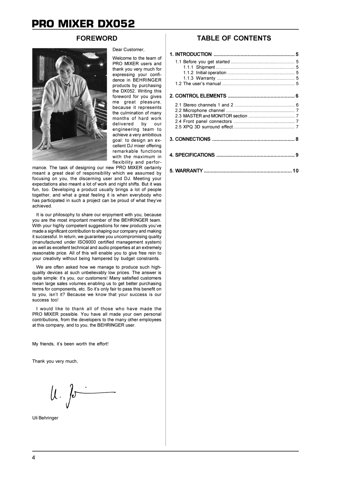 Behringer DX052 manual Foreword, Table of Contents 