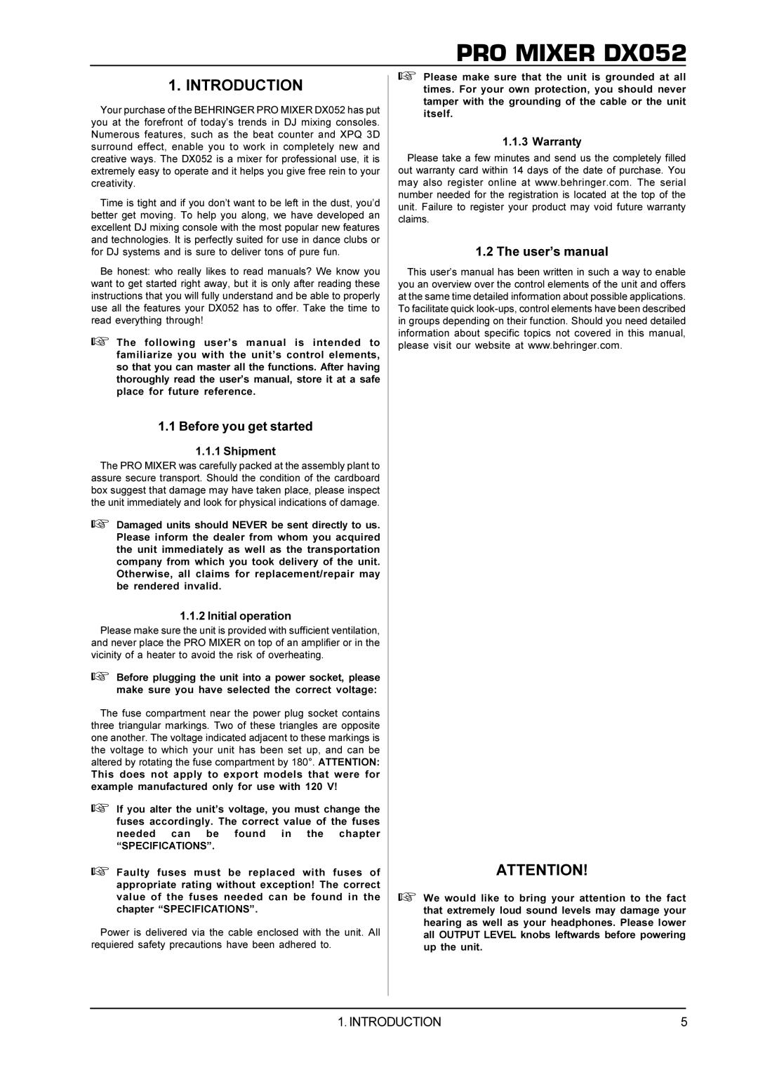 Behringer DX052 Introduction, Before you get started, User’s manual, Specifications 