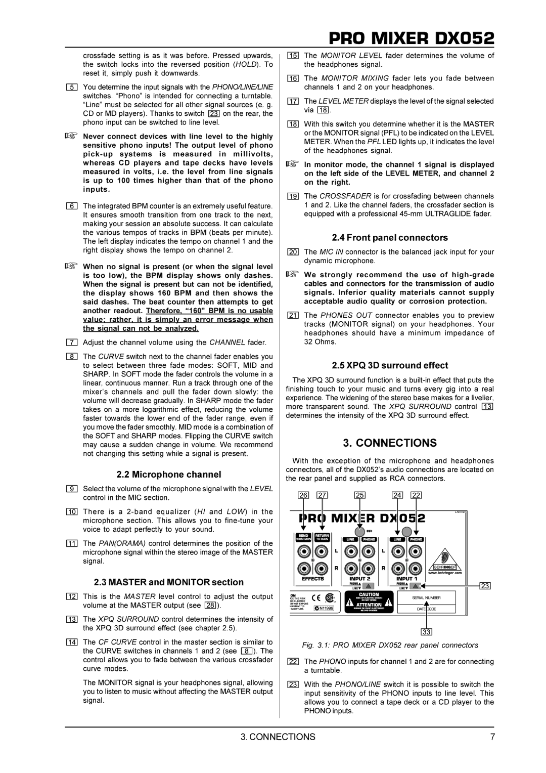 Behringer DX052 manual Connections, Microphone channel, Master and Monitor section, Front panel connectors 