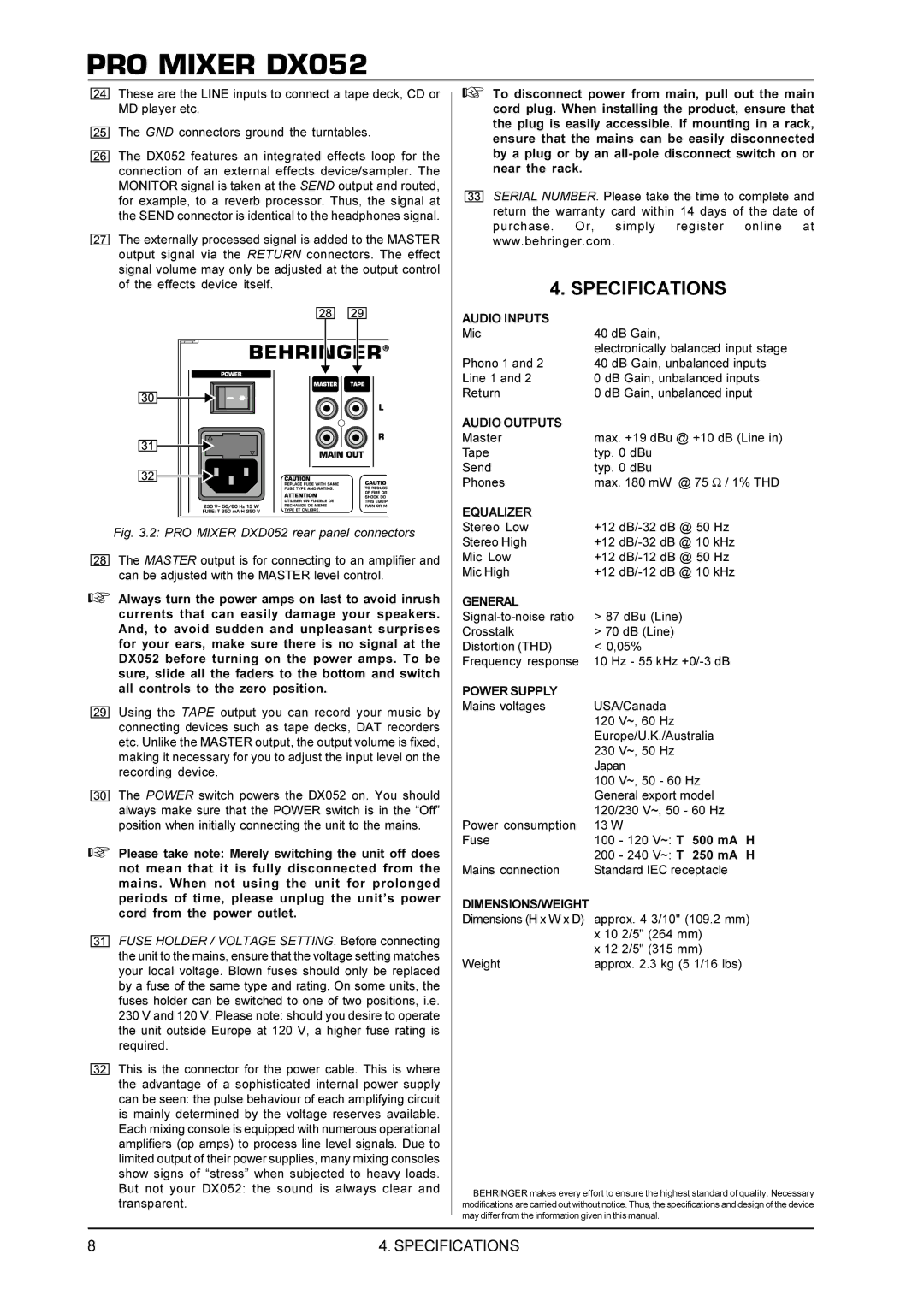 Behringer DX052 manual Specifications 