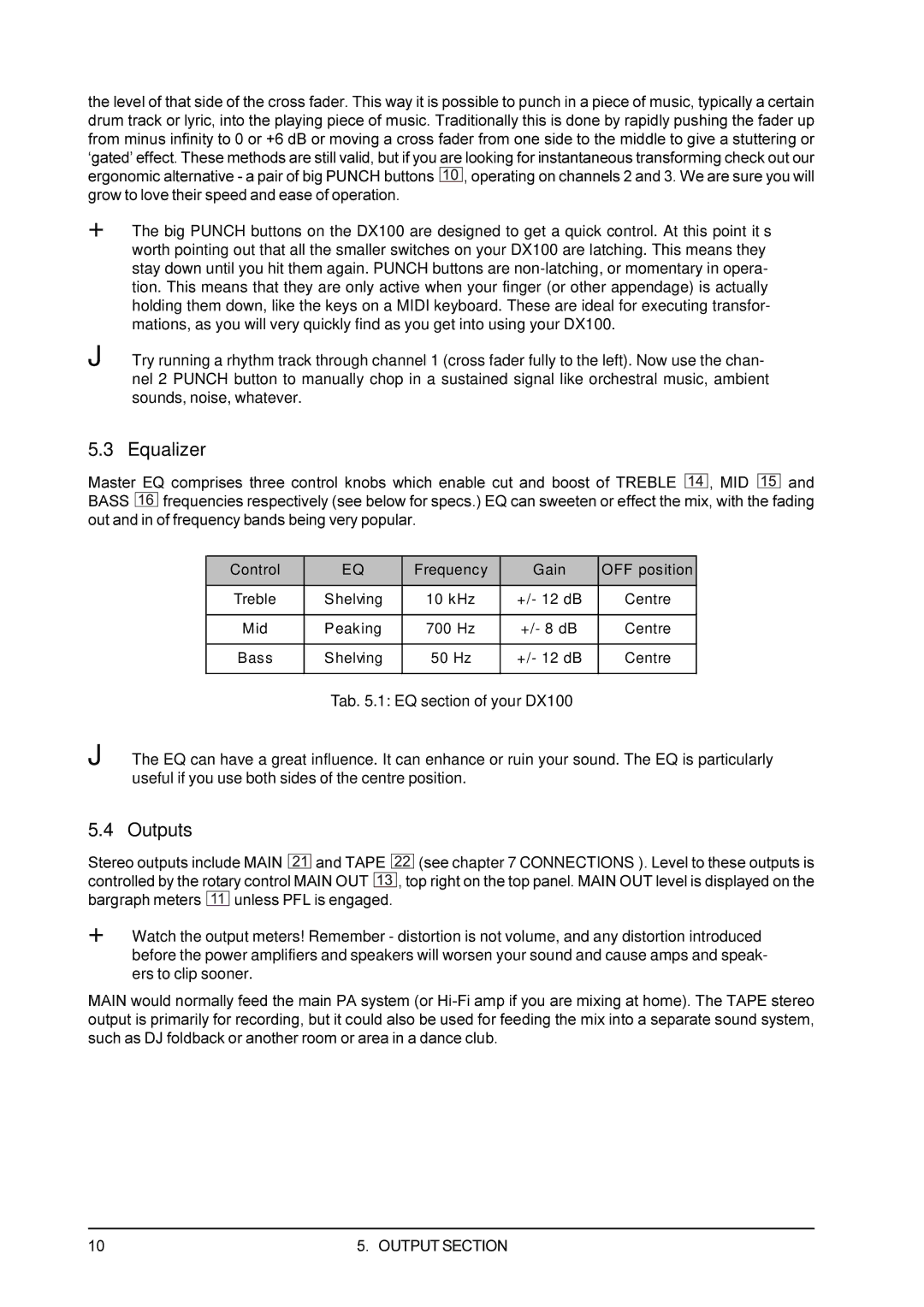 Behringer DX100 user manual Equalizer, Outputs, Output Section 