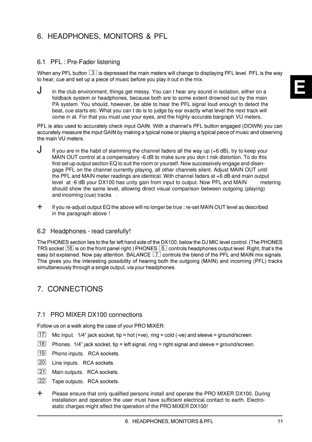 Behringer DX100 user manual HEADPHONES, Monitors & PFL, Connections, PFL Pre-Fader listening, Headphones read carefully 