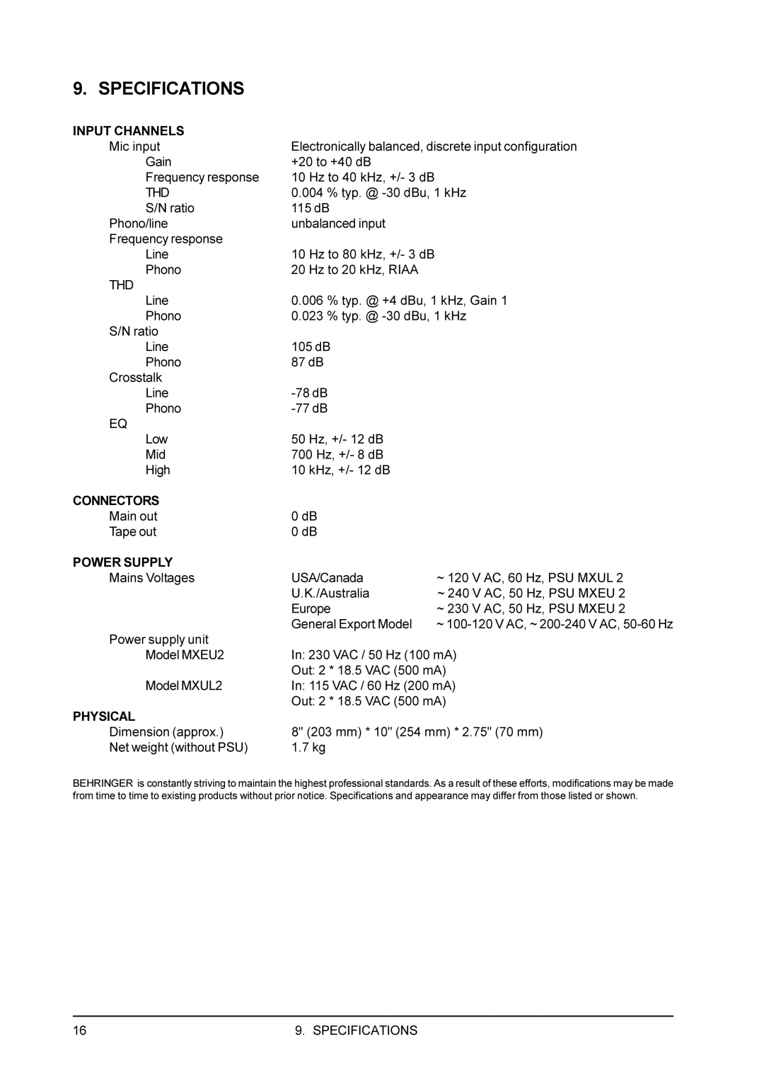 Behringer DX100 user manual Specifications 