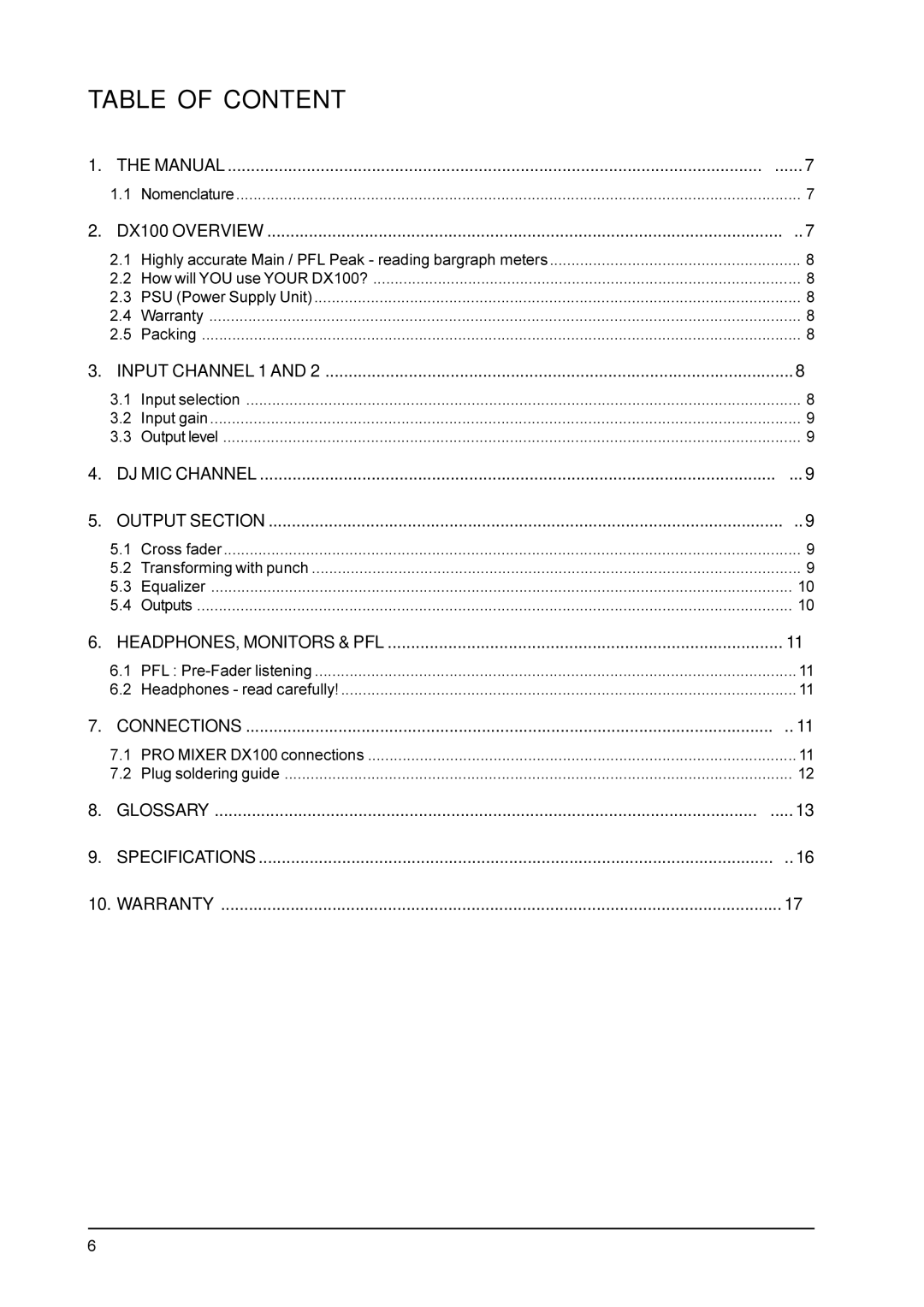 Behringer DX100 user manual Table of Content 