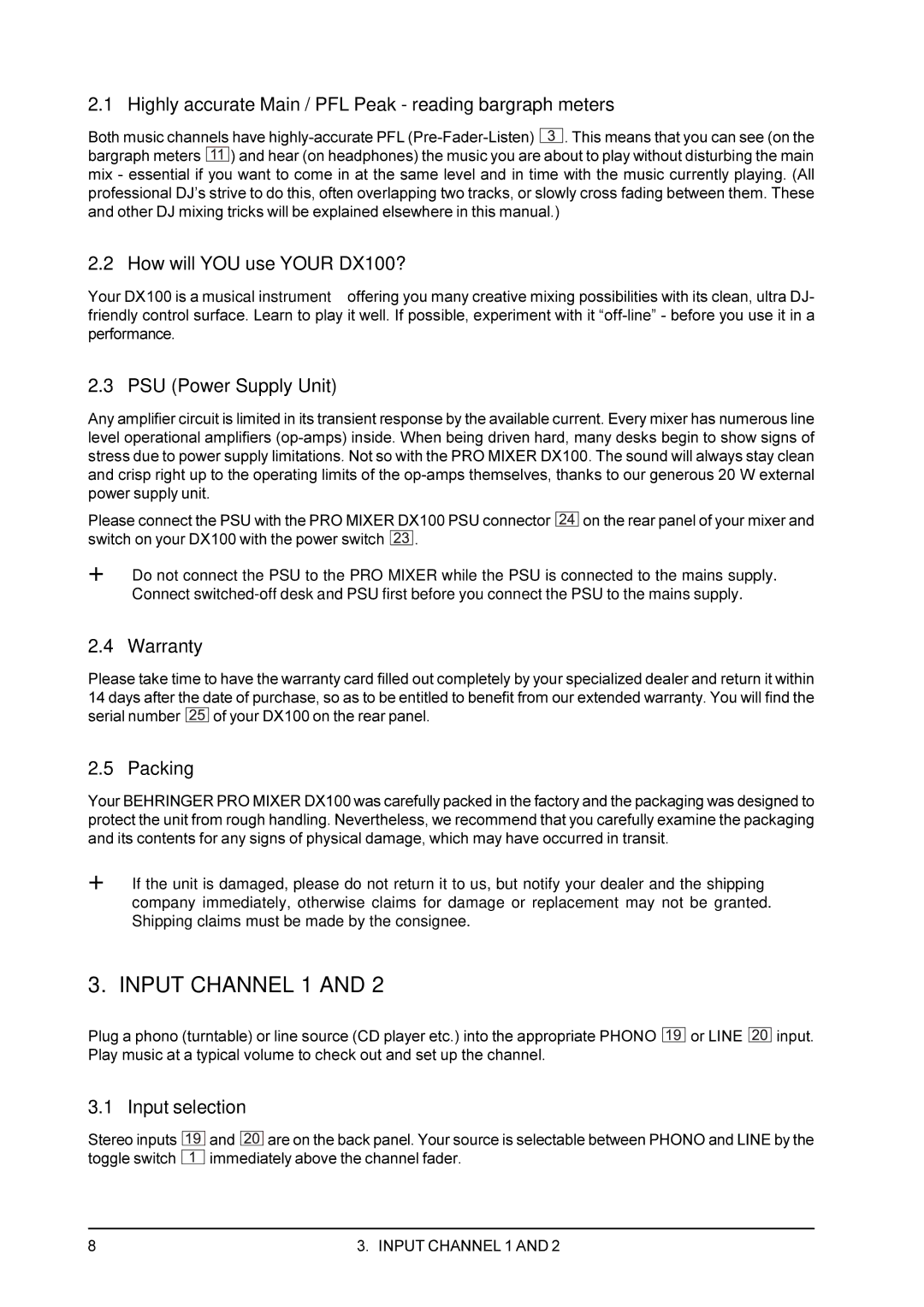 Behringer DX100 user manual Input Channel 1 