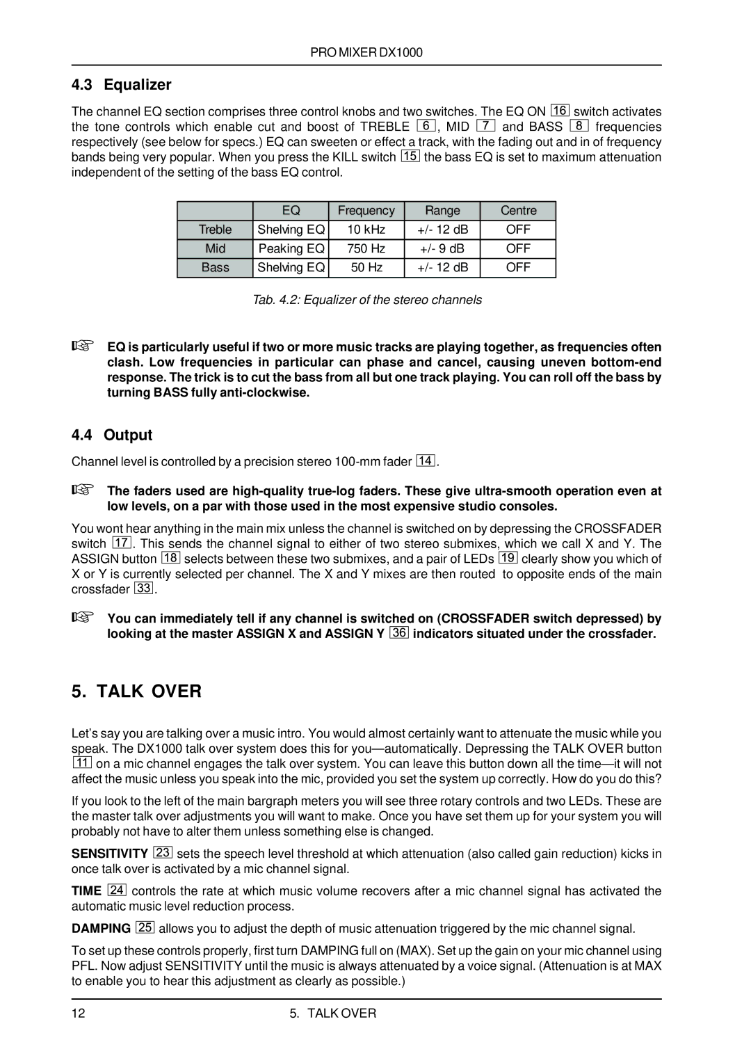 Behringer DX1000 user manual Talk Over 