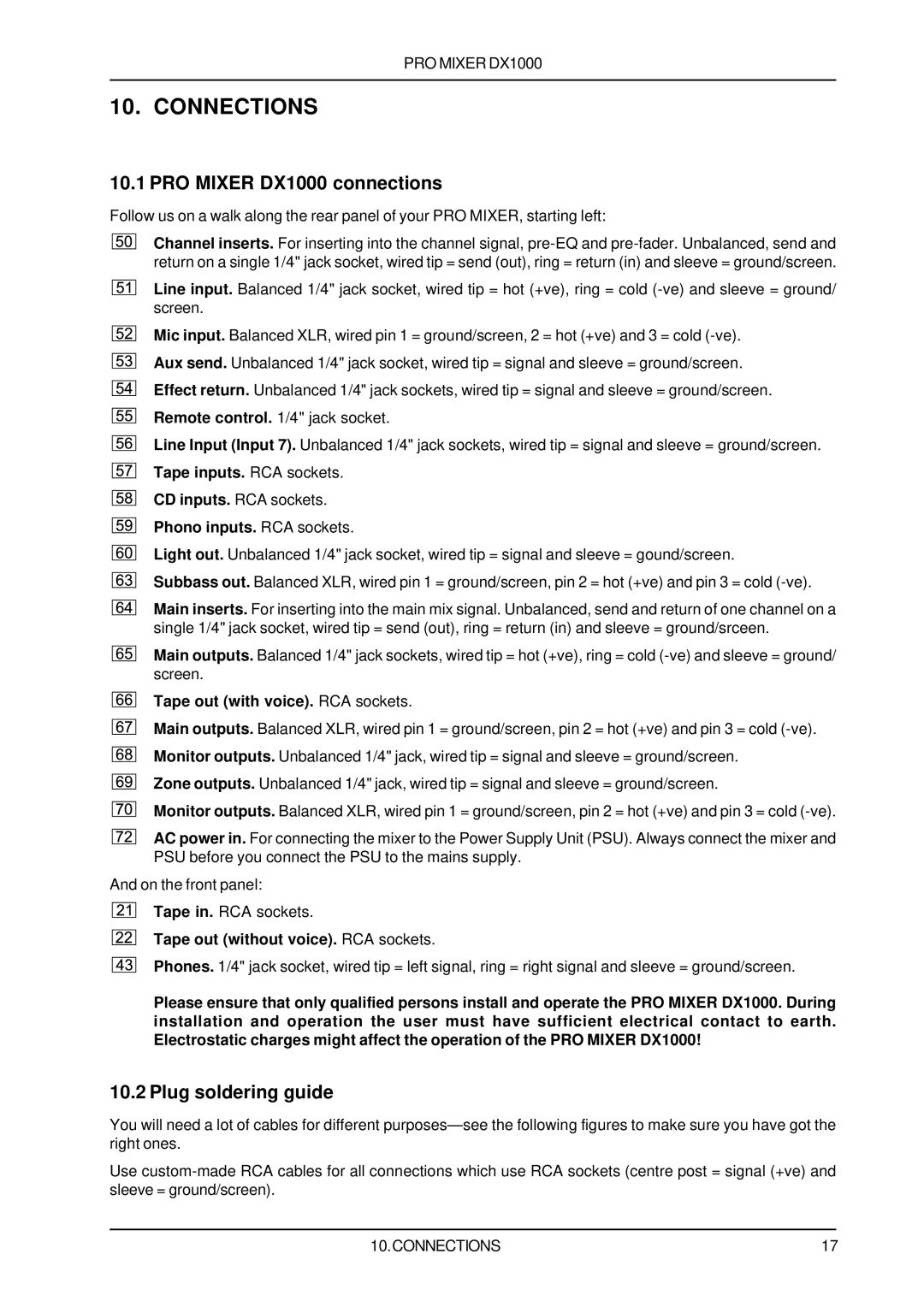 Behringer user manual Connections, PRO Mixer DX1000 connections, Plug soldering guide 