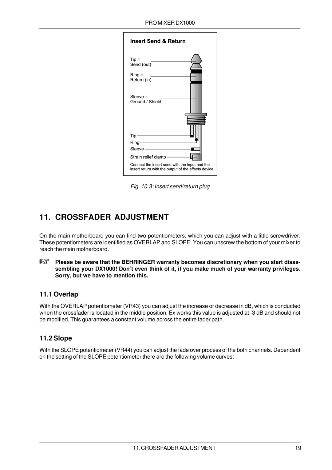 Behringer DX1000 user manual Crossfader Adjustment, Overlap, Slope 