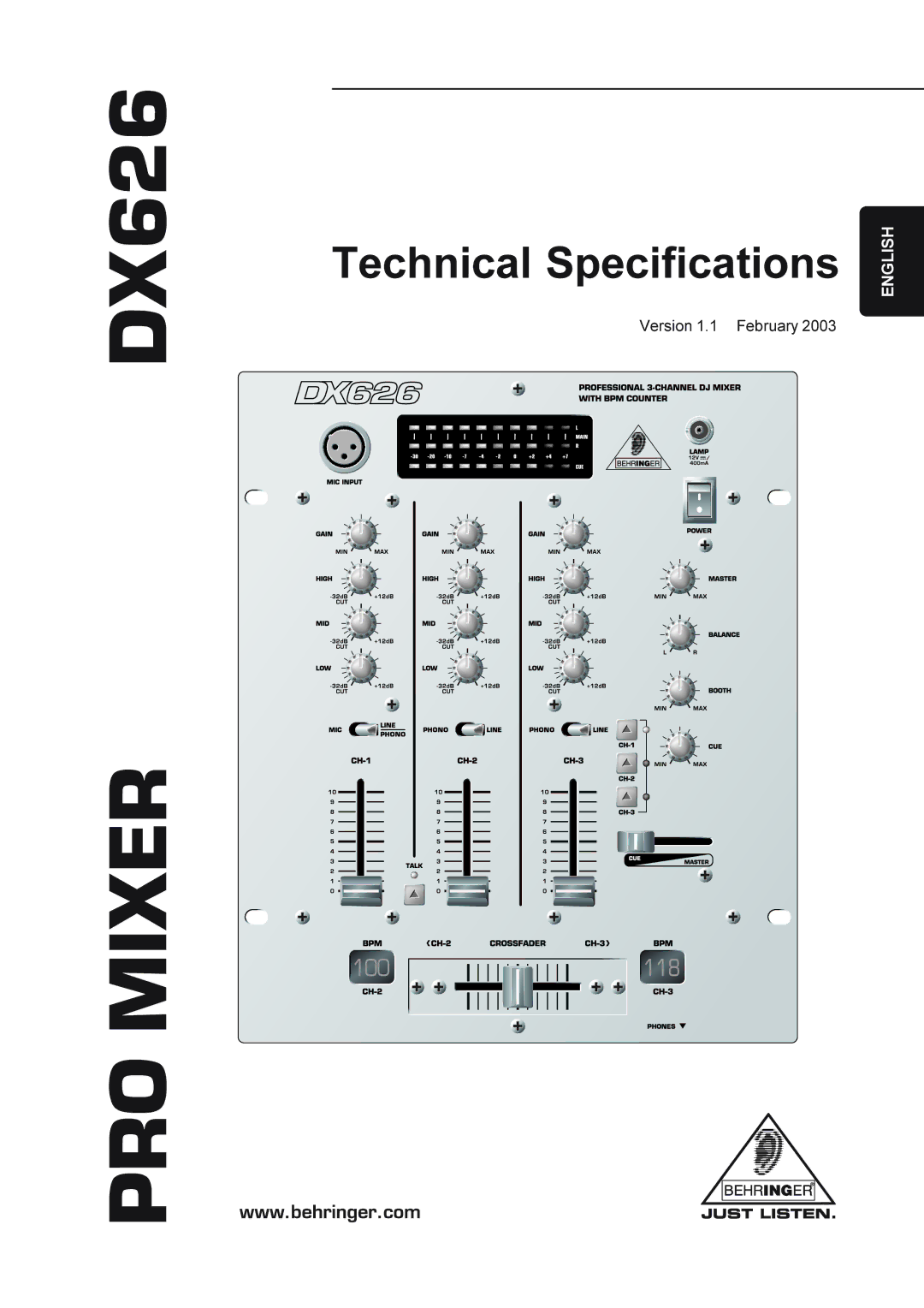 Behringer DX626 technical specifications PRO Mixer 