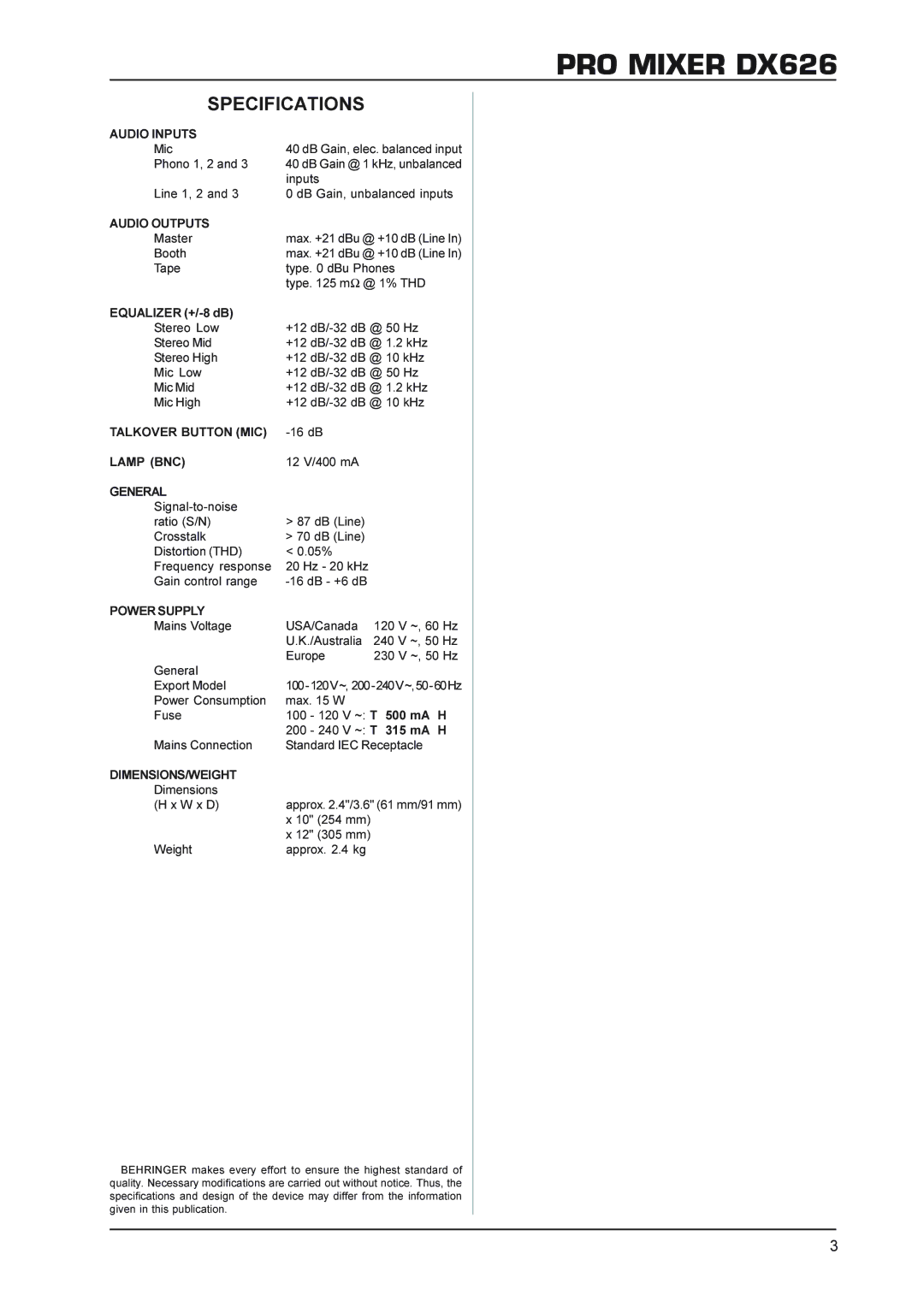 Behringer DX626 technical specifications Specifications 