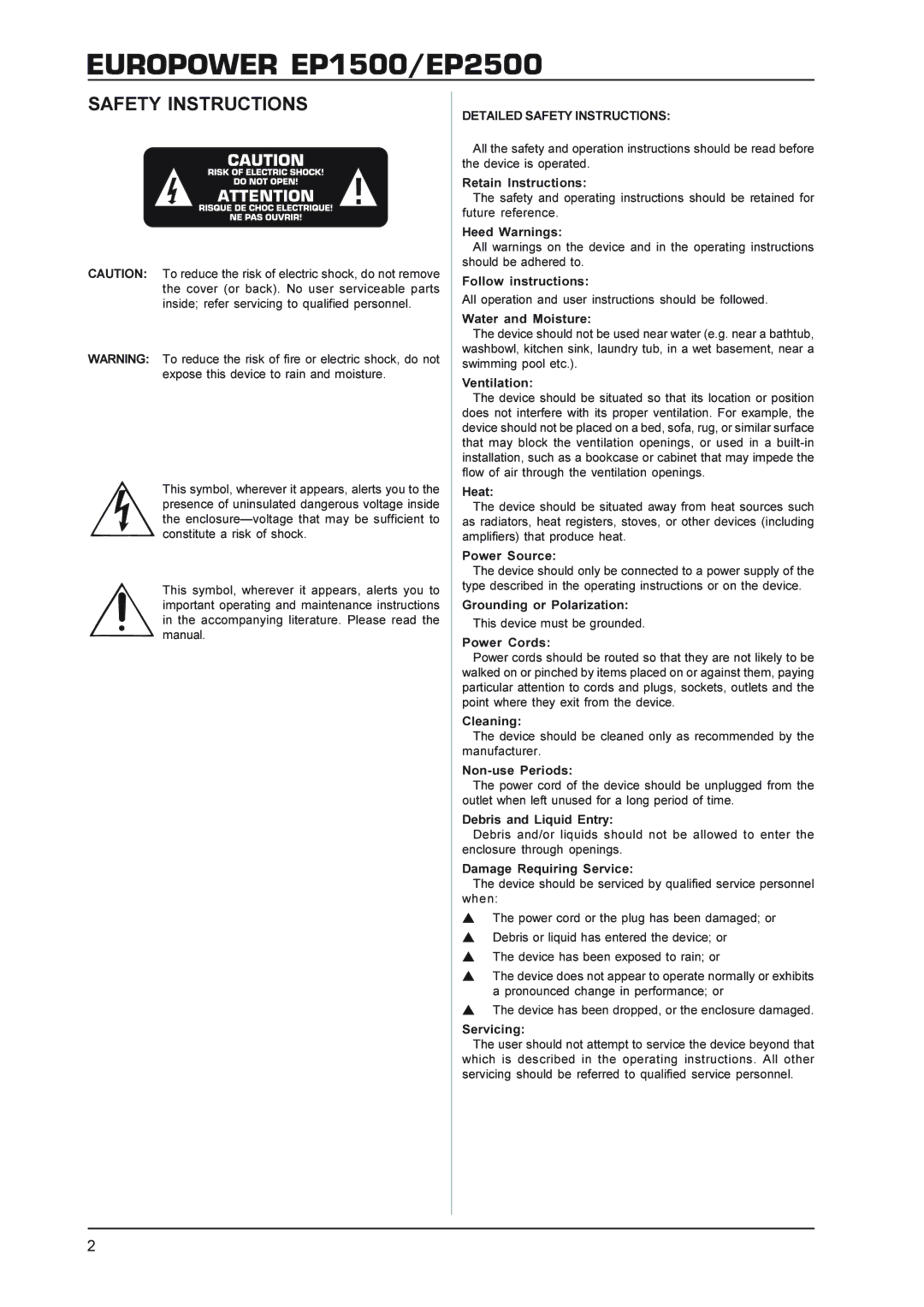 Behringer manual Europower EP1500/EP2500, Safety Instructions 