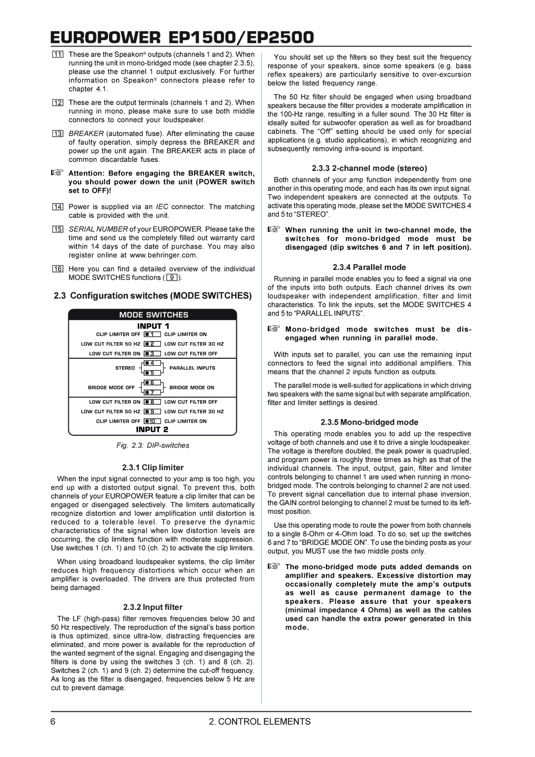 Behringer EP1500 manual Configuration switches Mode Switches, Clip limiter 