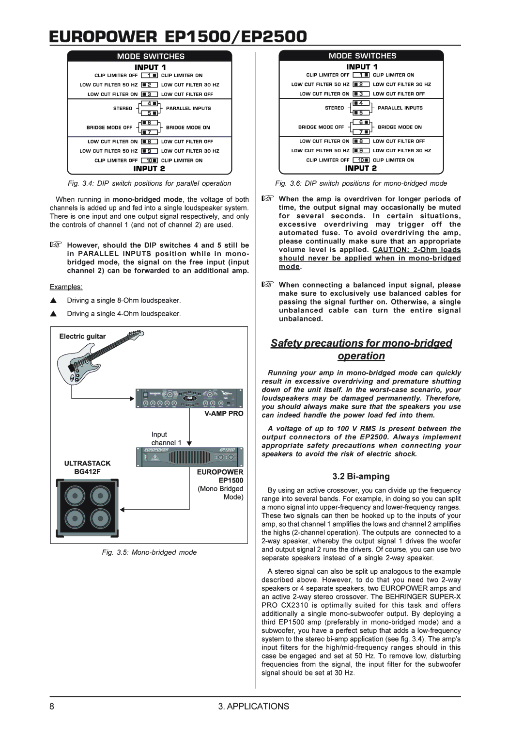 Behringer EP1500 manual Safety precautions for mono-bridged Operation, Bi-amping 