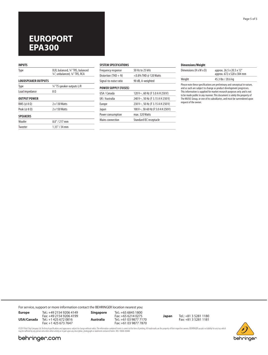 Behringer EPA300 manual Output Power 