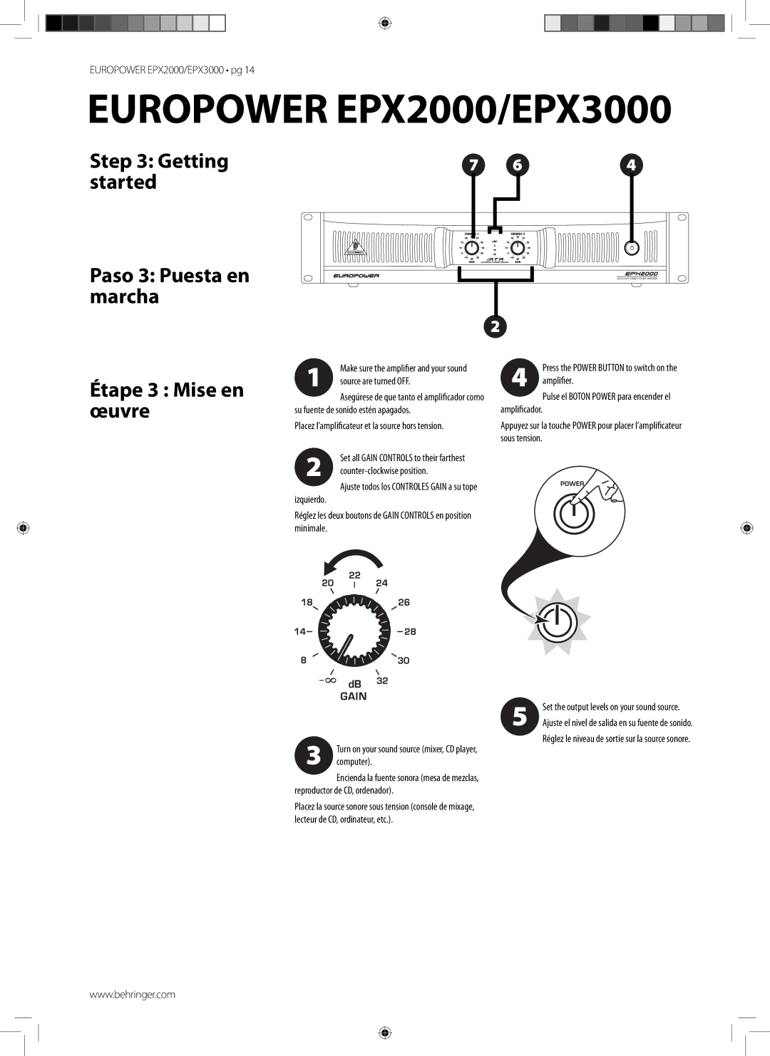 Behringer EPX3000 manual Paso 3 Puesta en marcha, Étape 3 Mise en œuvre, Réglez le niveau de sortie sur la source sonore 