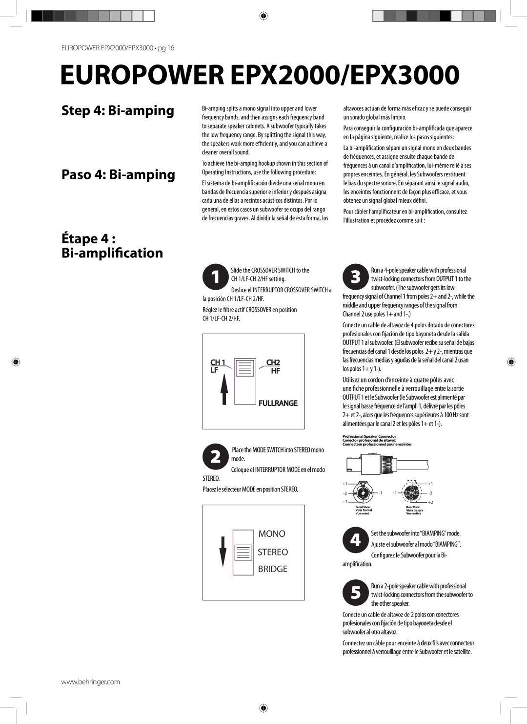 Behringer EPX3000 manual Bi-amping Paso 4 Bi-amping, CH 1/LF-CH 2/HF setting 