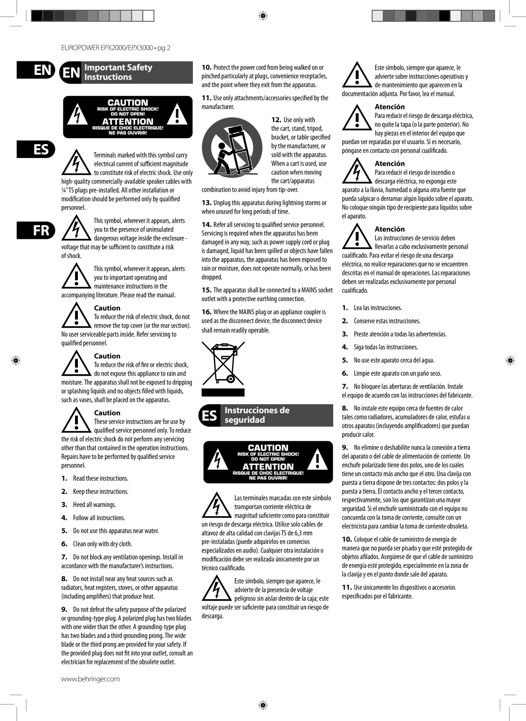 Behringer manual Europower EPX2000/EPX3000 pg, Do not use this apparatus near water, By the manufacturer, or 