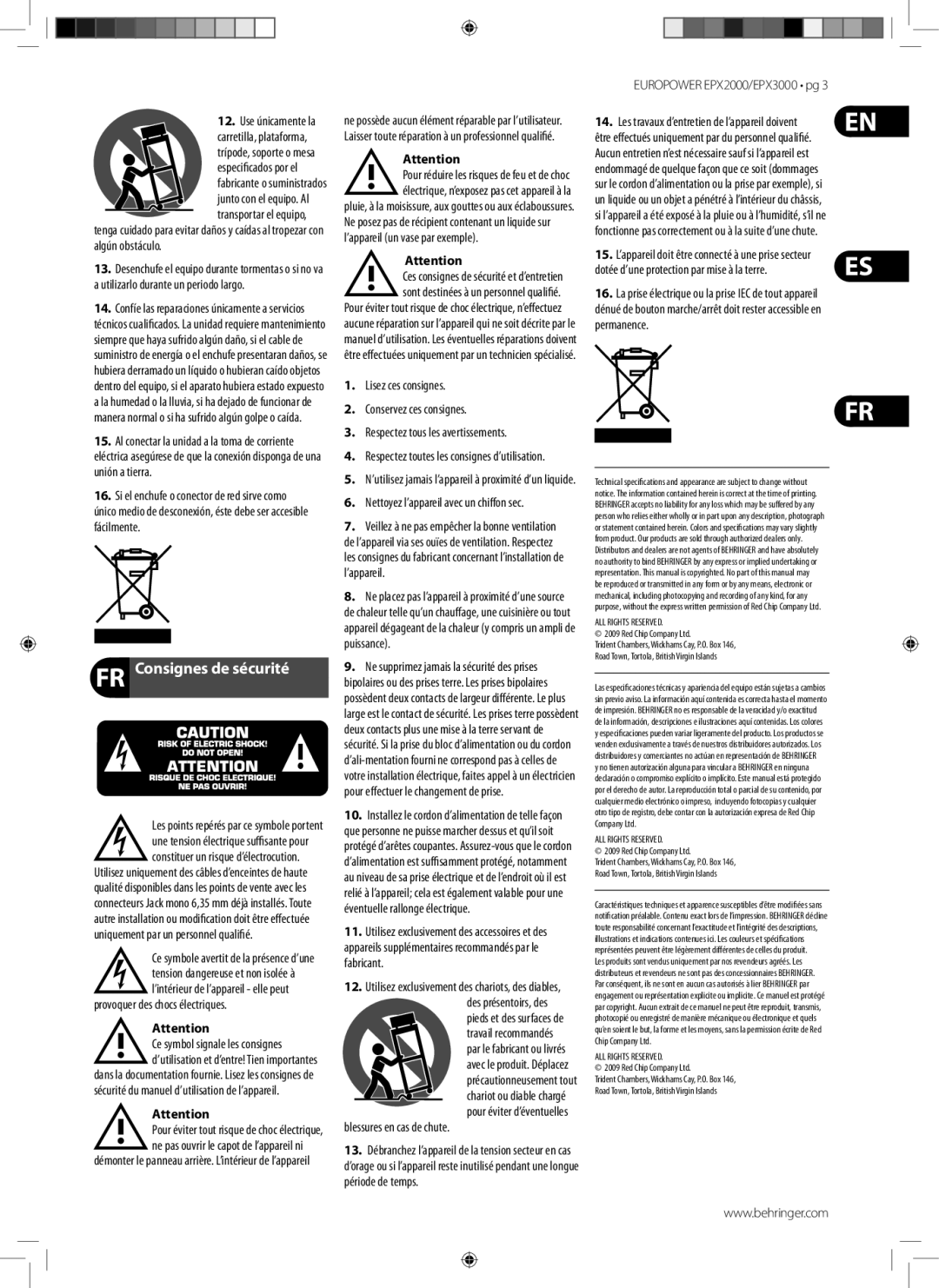 Behringer EPX3000 manual Nettoyez l’appareil avec un chiﬀon sec, Dotée d’une protection par mise à la terre 