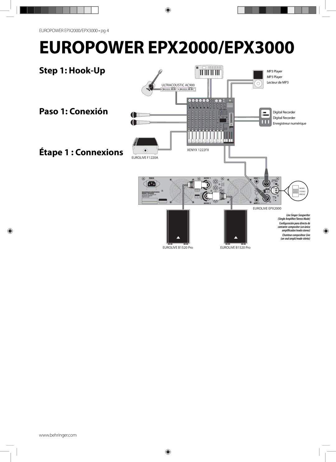 Behringer EPX3000 manual Hook-Up Paso 1 Conexión, MP3 Player Lecteur de MP3, Digital Recorder, Eurolive B1520 Pro 
