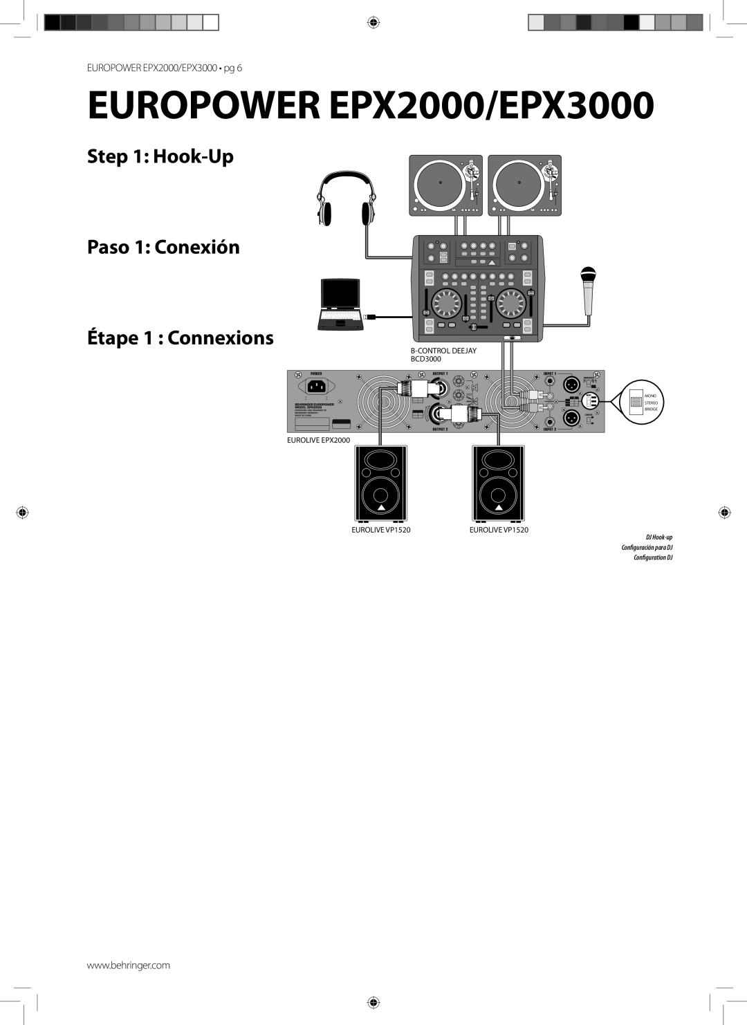 Behringer EPX3000 manual Hook-Up Paso 1 Conexión Étape 1 Connexions, BCD3000 